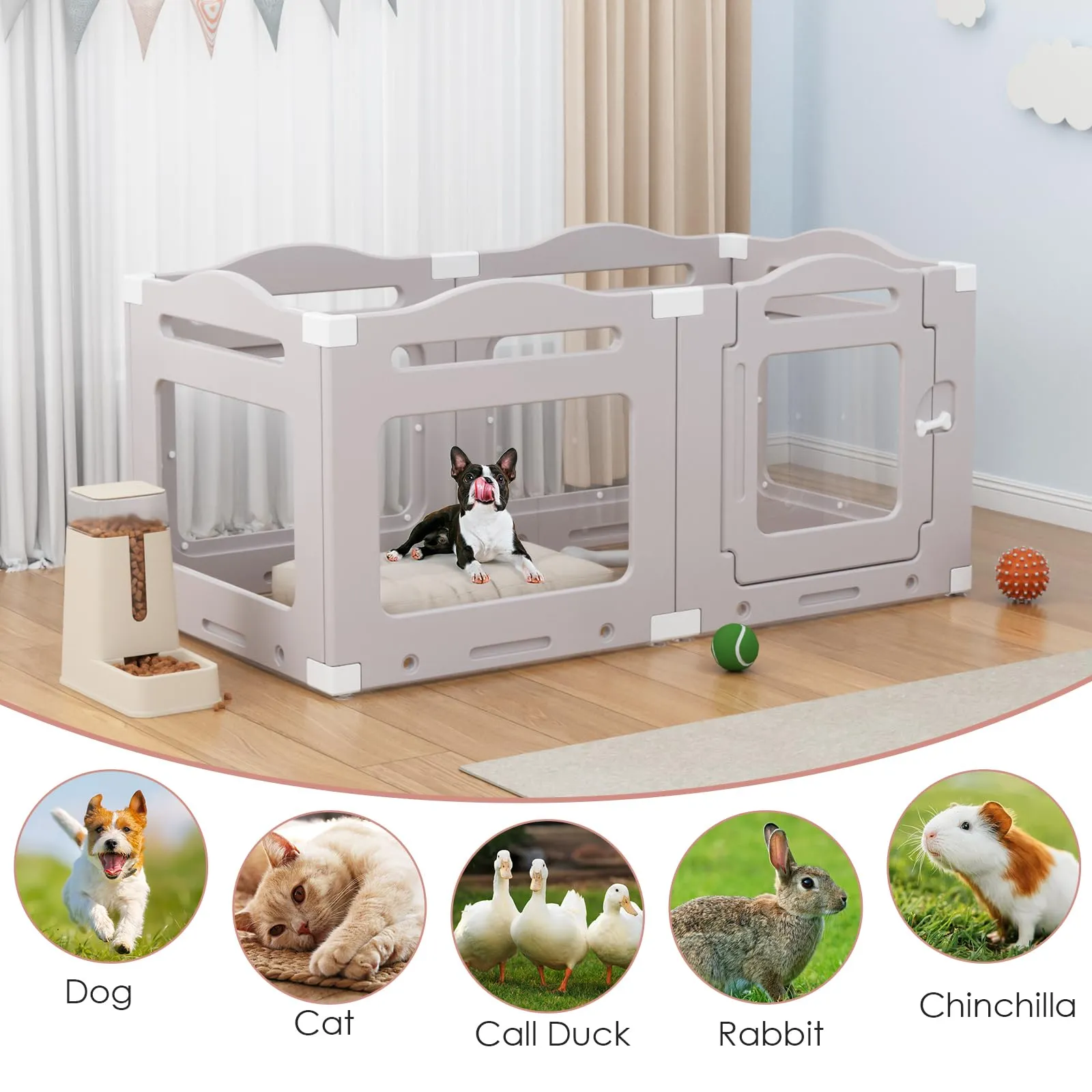 Recinto per Cani da Interno in Acrilico 60cm, 5 PCS +1 Pannelli con Porta a Chiusura, Recinto per Cani Pieghevole con Ventose, Parco adatto per Appartamento, Grigio Caldo - immagine 7