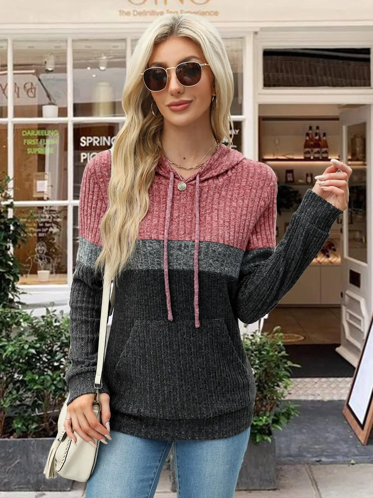 DUOEASE Maglia Donna Manica Lunga Elegant con Cappuccio Casual Felpe Donna Autunno Invernale Top(Rosso-Grigio XL) - immagine 3