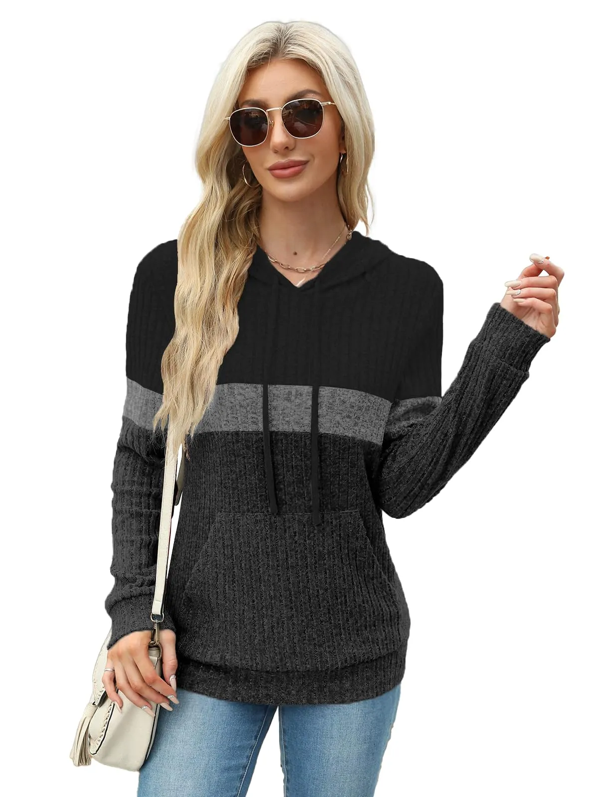DUOEASE Maglia Donna Manica Lunga Elegant con Cappuccio Casual Felpe Donna Autunno Invernale Top（Nero-Grigio L） - immagine 2