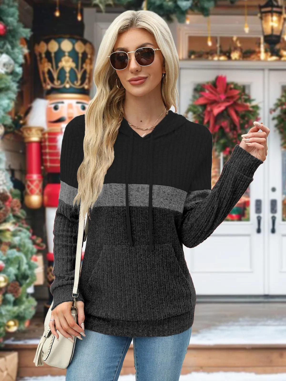 DUOEASE Maglia Donna Manica Lunga Elegant con Cappuccio Casual Felpe Donna Autunno Invernale Top（Nero-Grigio L） - immagine 3