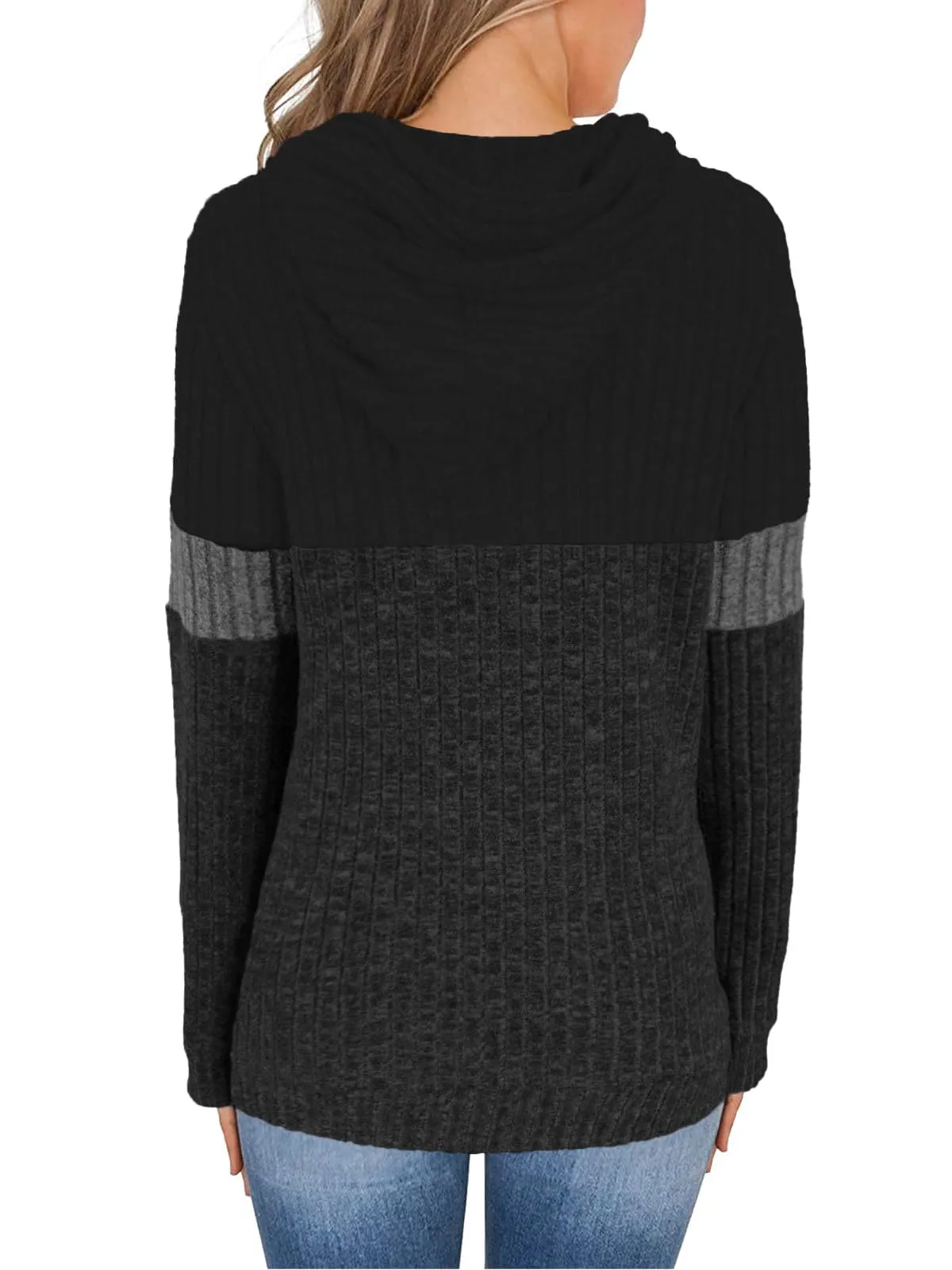 DUOEASE Maglia Donna con Tasche Autunno Invernale Felpe con Cappuccio Casual Maglia Donna Manica Lunga(Nero-Grigio 2XL) - immagine 4