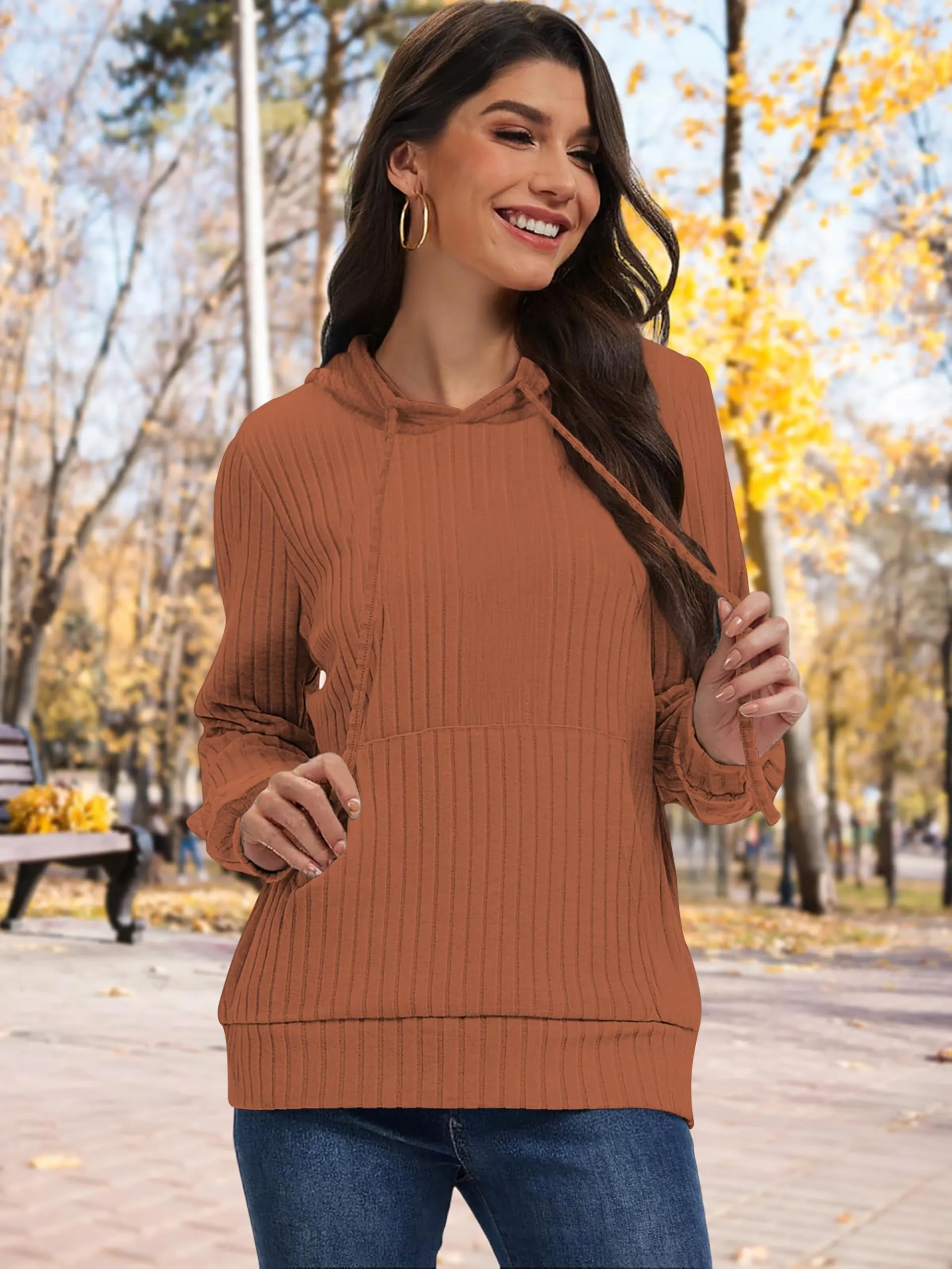 DUOEASE Maglia Donna Manica Lunga Elegant con Cappuccio Casual Felpe Donna Autunno Invernale Top(Caramello XL) - immagine 3