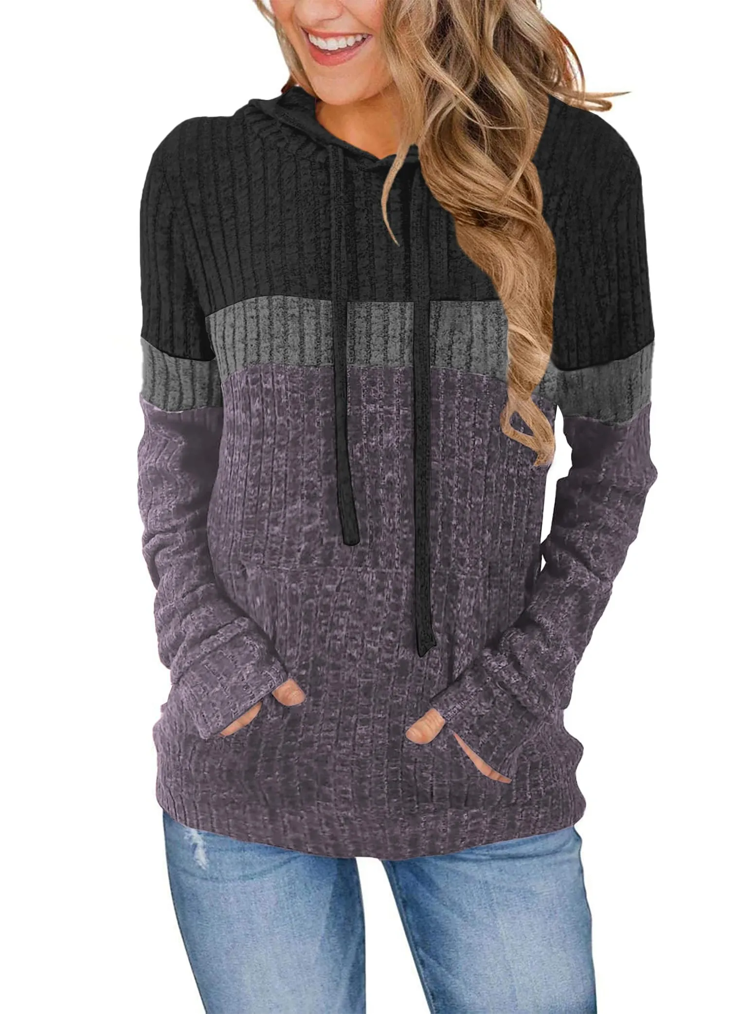 DUOEASE Maglia Donna Manica Lunga Elegant con Cappuccio Casual Felpe Donna Autunno Invernale Top(Grigio-Viola L) - immagine 1