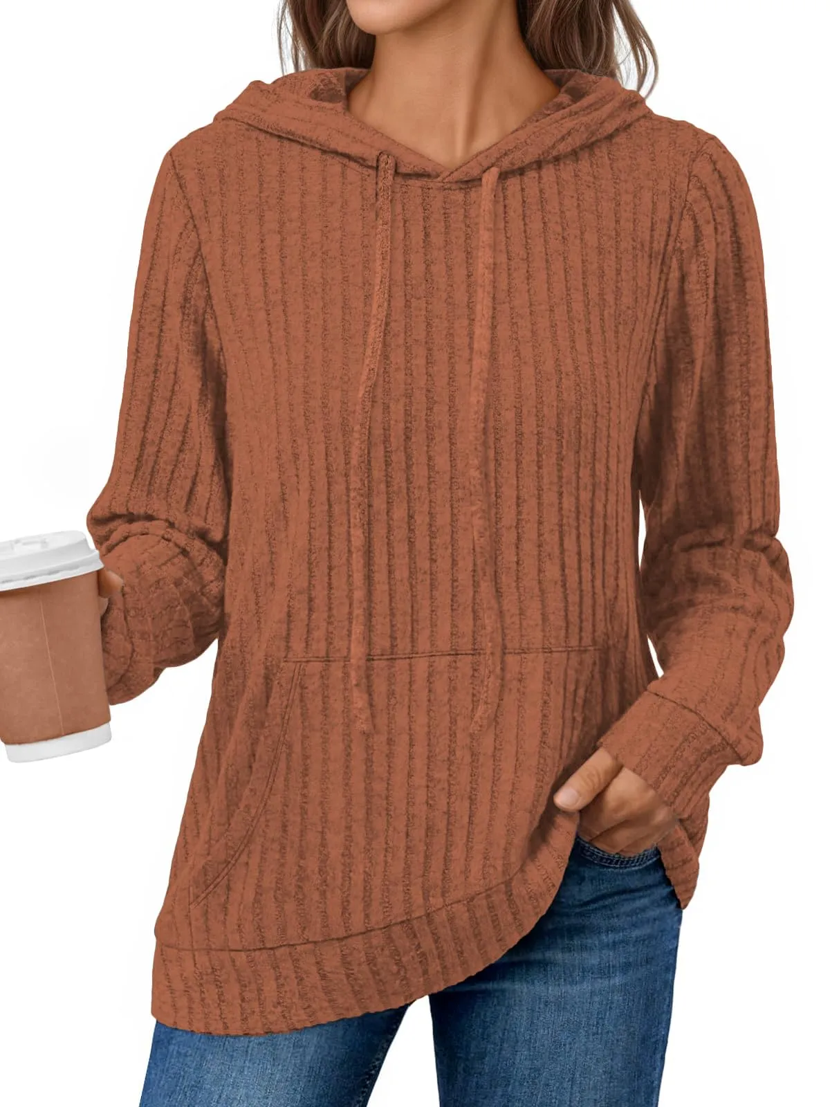 DUOEASE Maglia Donna Manica Lunga Elegant con Cappuccio Casual Felpe Donna Autunno Invernale Top(Caramello L) - immagine 2