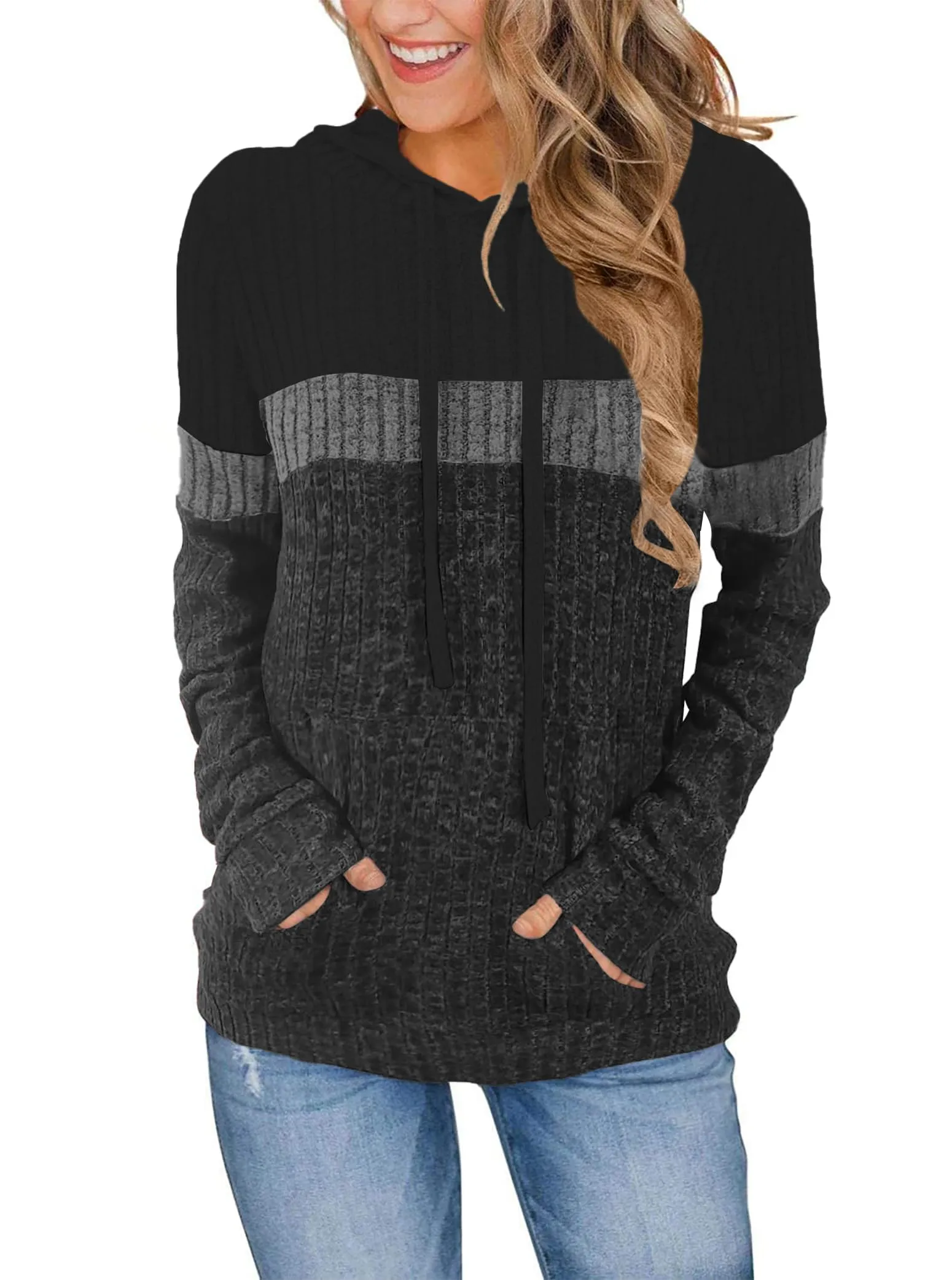 DUOEASE Maglia Donna Manica Lunga Elegant con Cappuccio Casual Felpe Donna Autunno Invernale Top(Nero-Grigio XL) - immagine 1