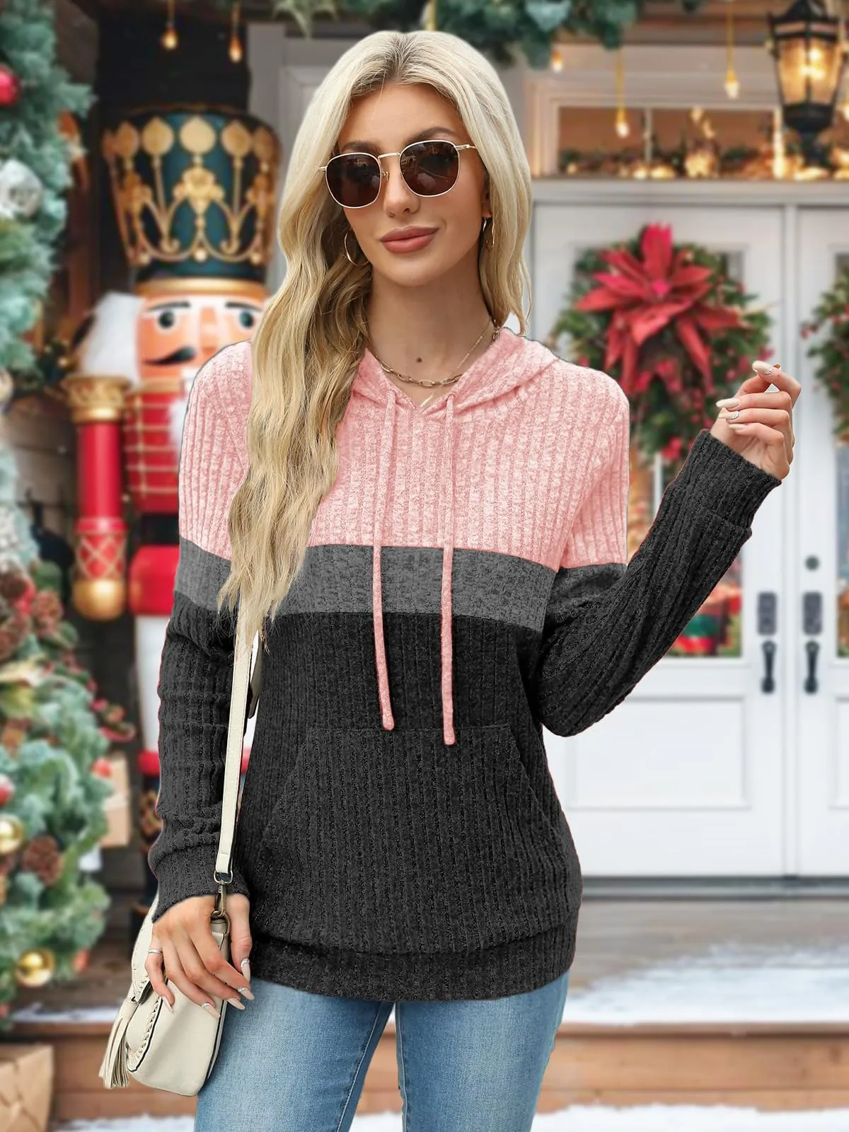 DUOEASE Maglia Donna con Tasche Autunno Invernale Felpe con Cappuccio Casual Maglia Donna Manica Lunga（Rosa-Grigio S） - immagine 3