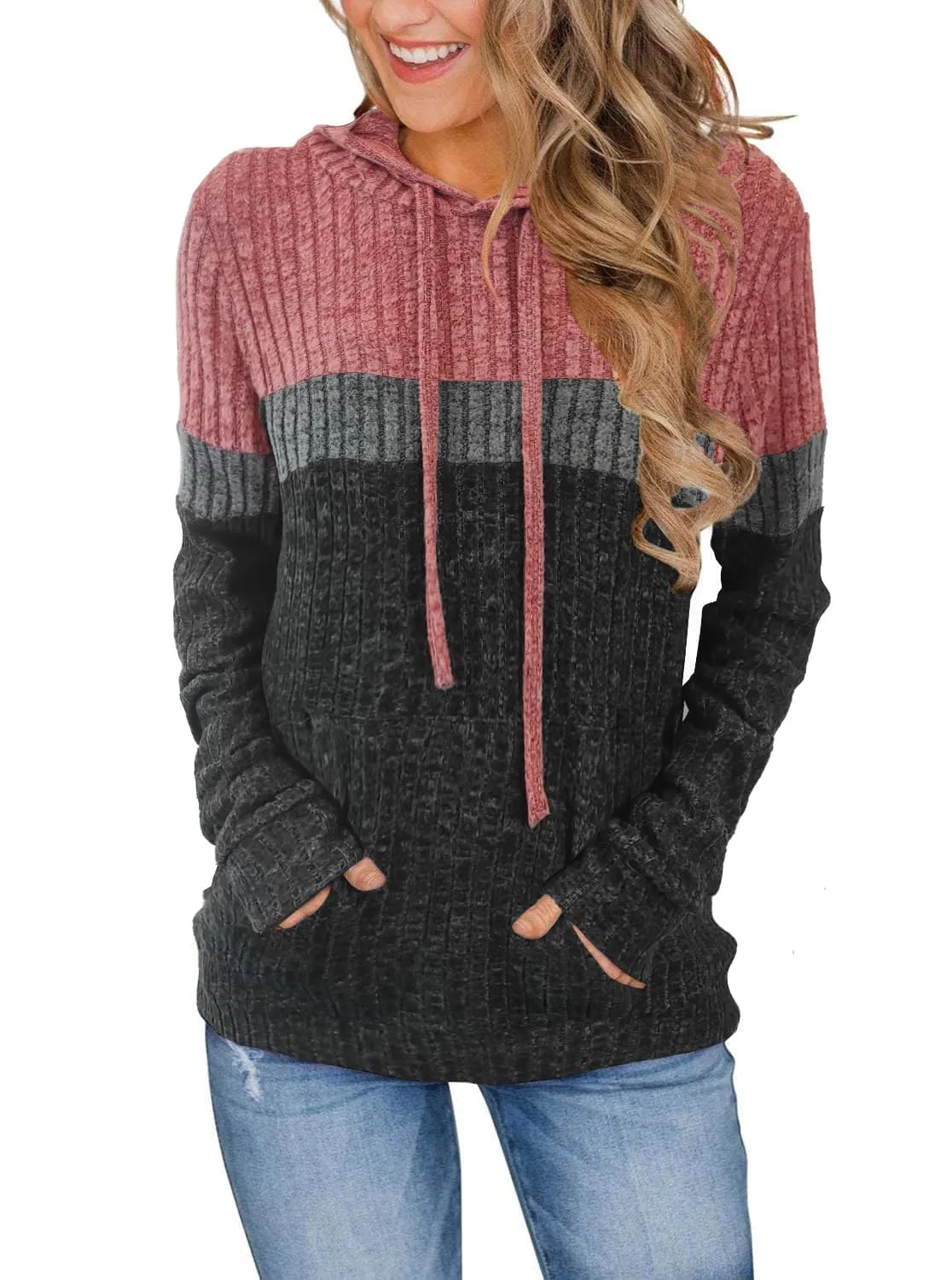 DUOEASE Maglia Donna Manica Lunga Elegant con Cappuccio Casual Felpe Donna Autunno Invernale Top(Rosso-Grigio L) - immagine 1