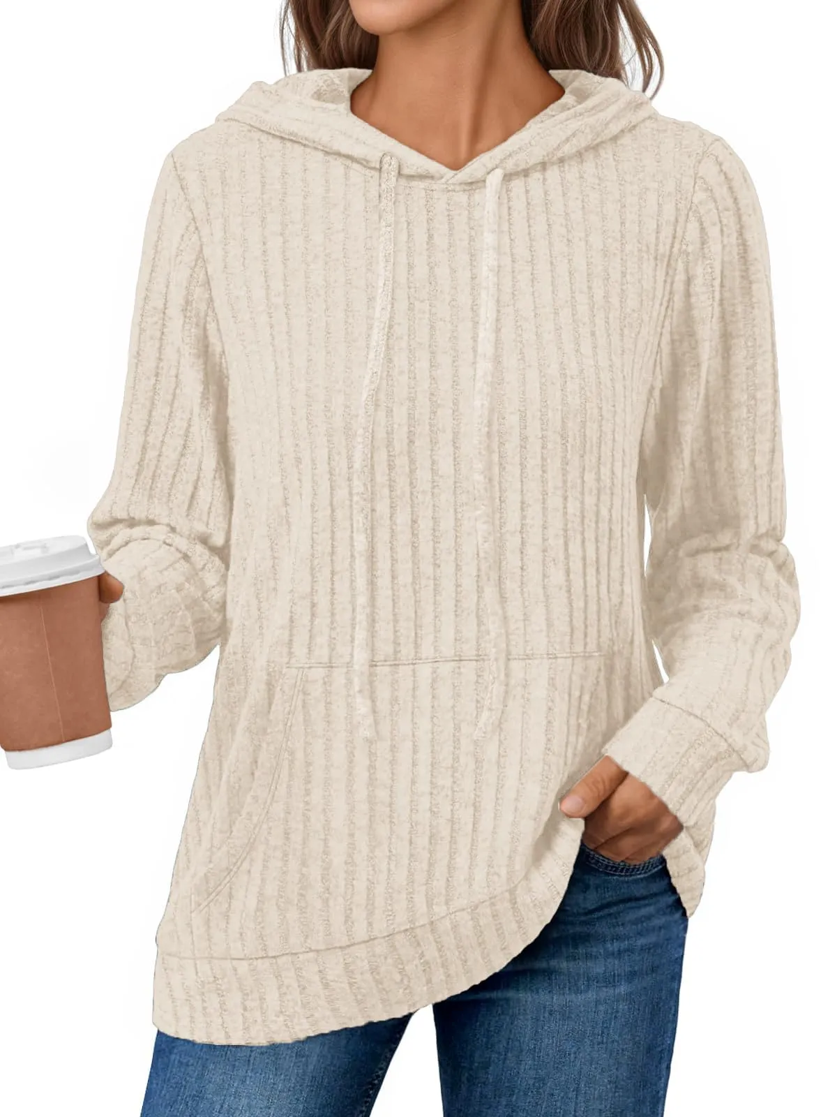 DUOEASE Maglia Donna con Tasche Autunno Invernale Felpe con Cappuccio Casual Maglia Donna Manica Lunga（Albicocca 2XL） - immagine 2