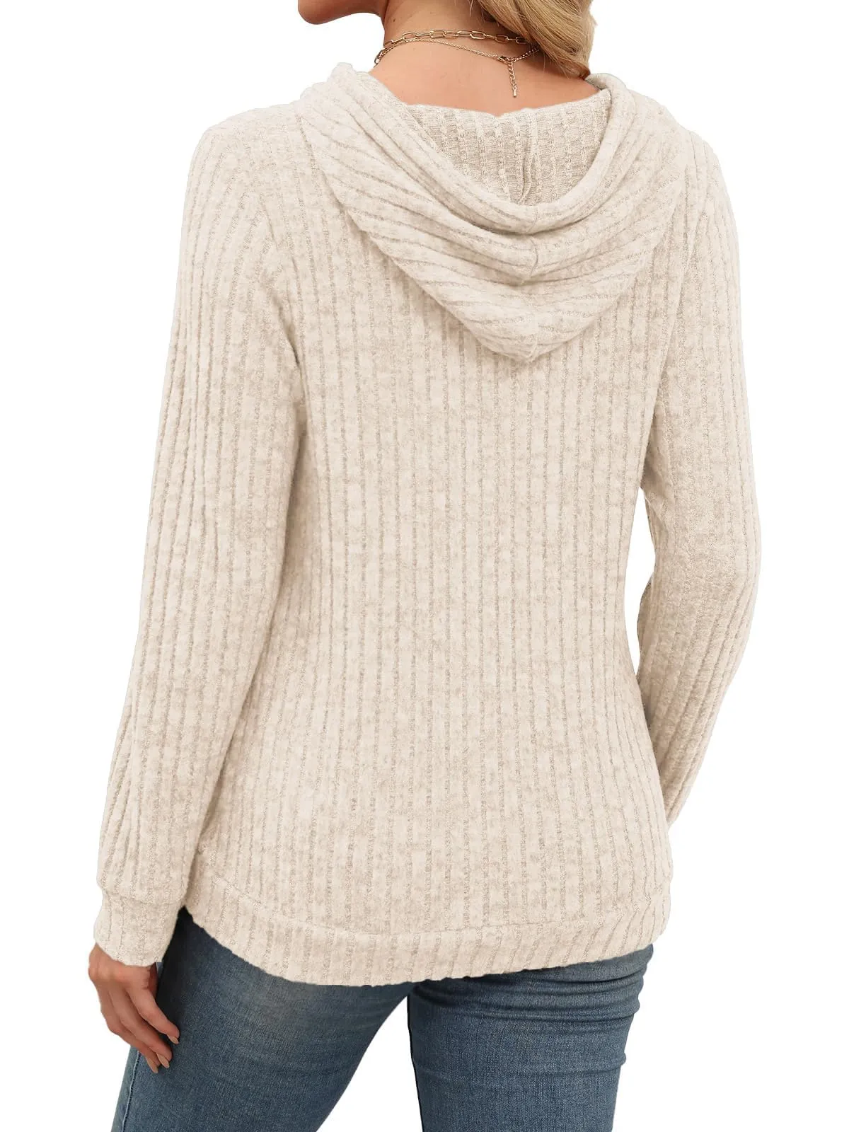 DUOEASE Maglia Donna con Tasche Autunno Invernale Felpe con Cappuccio Casual Maglia Donna Manica Lunga（Albicocca 2XL） - immagine 4