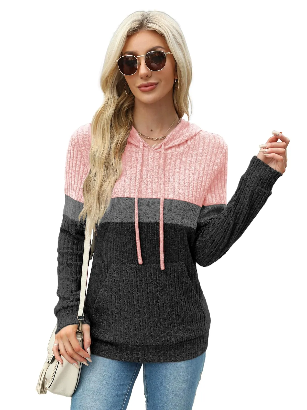 DUOEASE Maglia Donna Manica Lunga Elegant con Cappuccio Casual Felpe Donna Autunno Invernale Top（Rosa-Grigio XL） - immagine 2