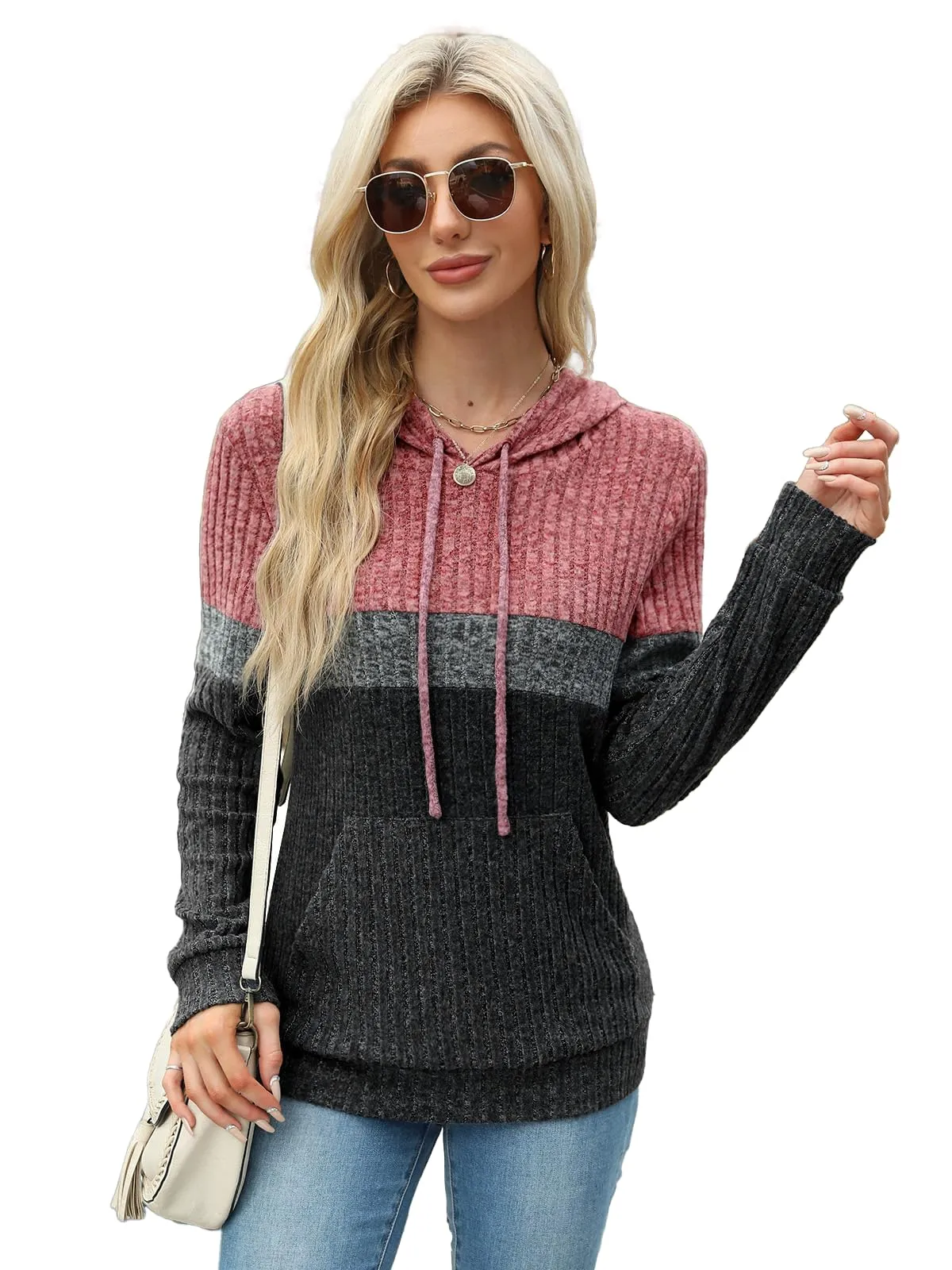 DUOEASE Felpe Donna con Cappuccio Casual Elegant Maglia Donna con Tasche Autunno Invernale Maniche Lunghe Top（Rosso-Grigio M） - immagine 2