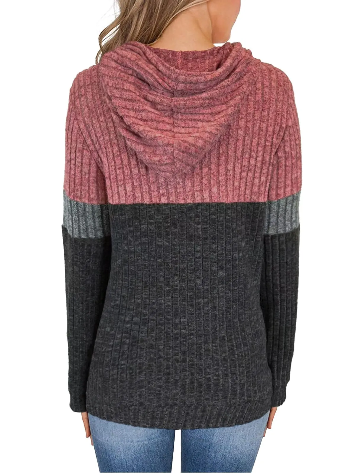 DUOEASE Felpe Donna con Cappuccio Casual Elegant Maglia Donna con Tasche Autunno Invernale Maniche Lunghe Top（Rosso-Grigio M） - immagine 4