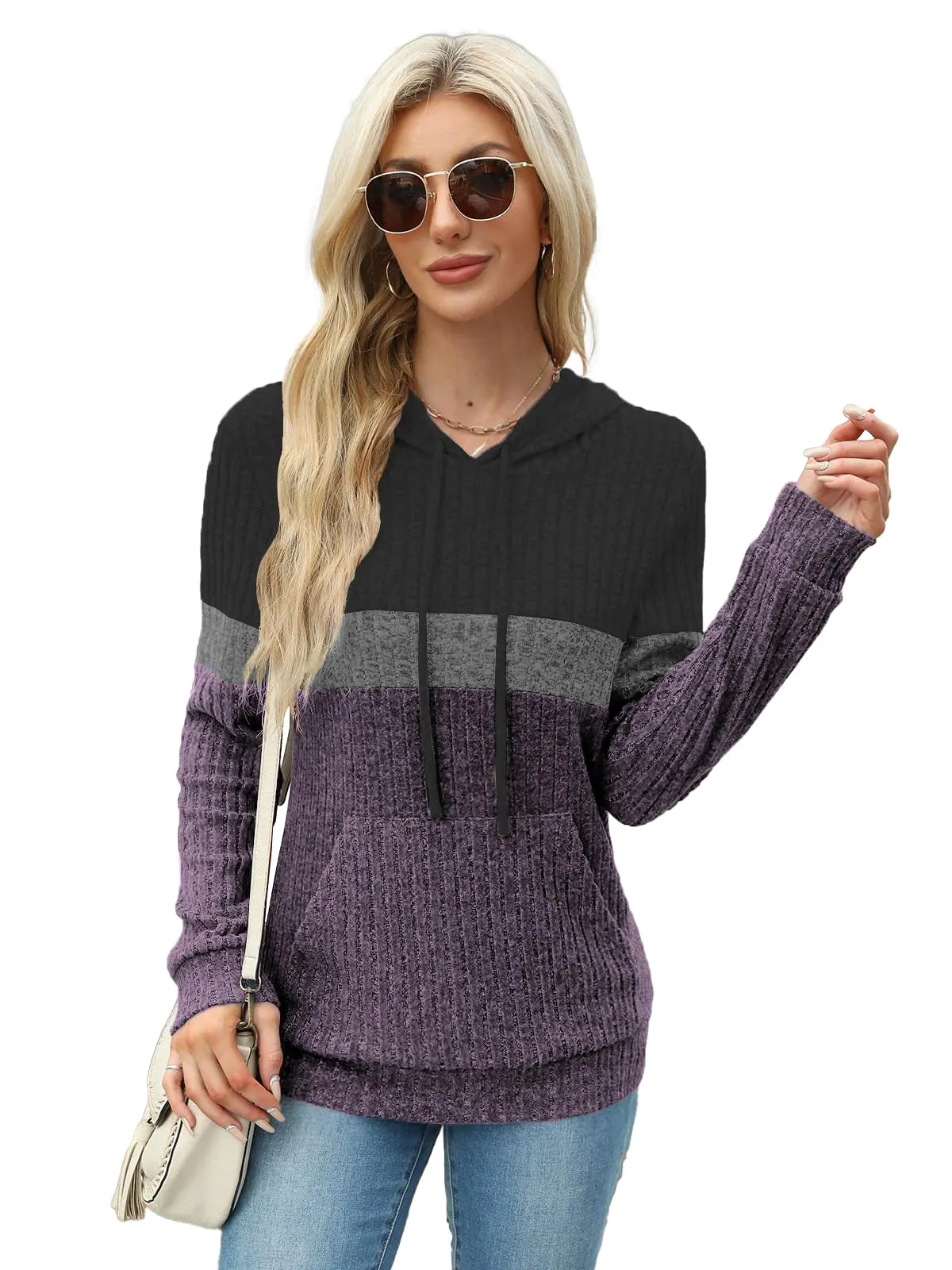 DUOEASE Felpe Donna con Cappuccio Casual Elegant Maglia Donna con Tasche Autunno Invernale Maniche Lunghe Top(Grigio-Viola M) - immagine 2