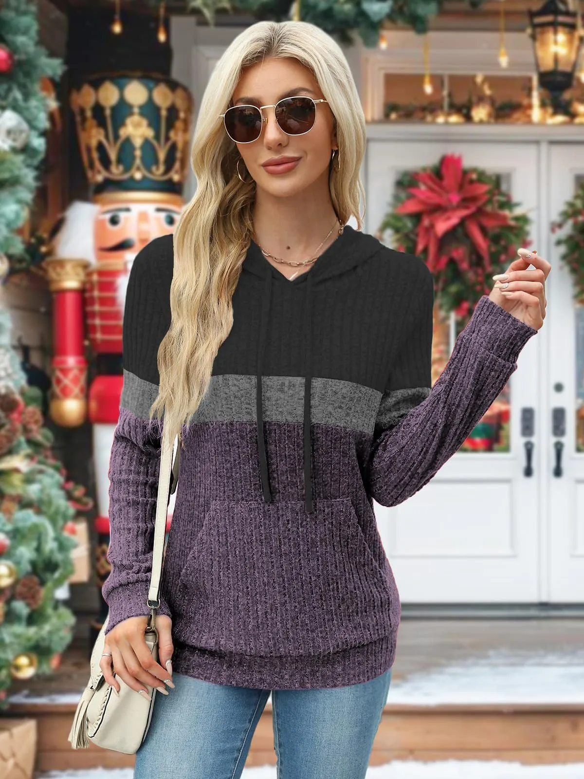 DUOEASE Felpe Donna con Cappuccio Casual Elegant Maglia Donna con Tasche Autunno Invernale Maniche Lunghe Top(Grigio-Viola M) - immagine 3