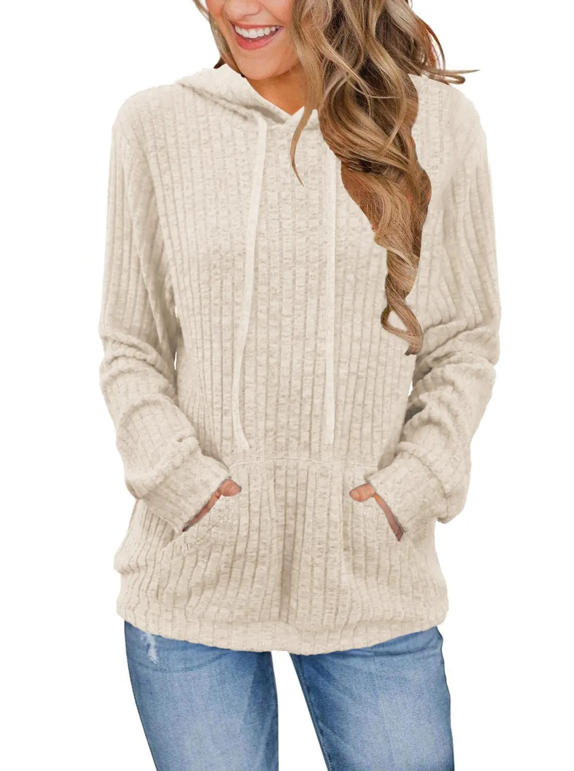 DUOEASE Maglia Donna Manica Lunga Elegant con Cappuccio Casual Felpe Donna Autunno Invernale Top(Albicocca XL) - immagine 1