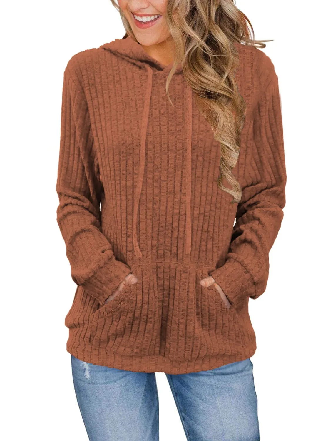 DUOEASE Maglia Donna con Tasche Autunno Invernale Felpe con Cappuccio Casual Maglia Donna Manica Lunga(Caramello S) - immagine 1