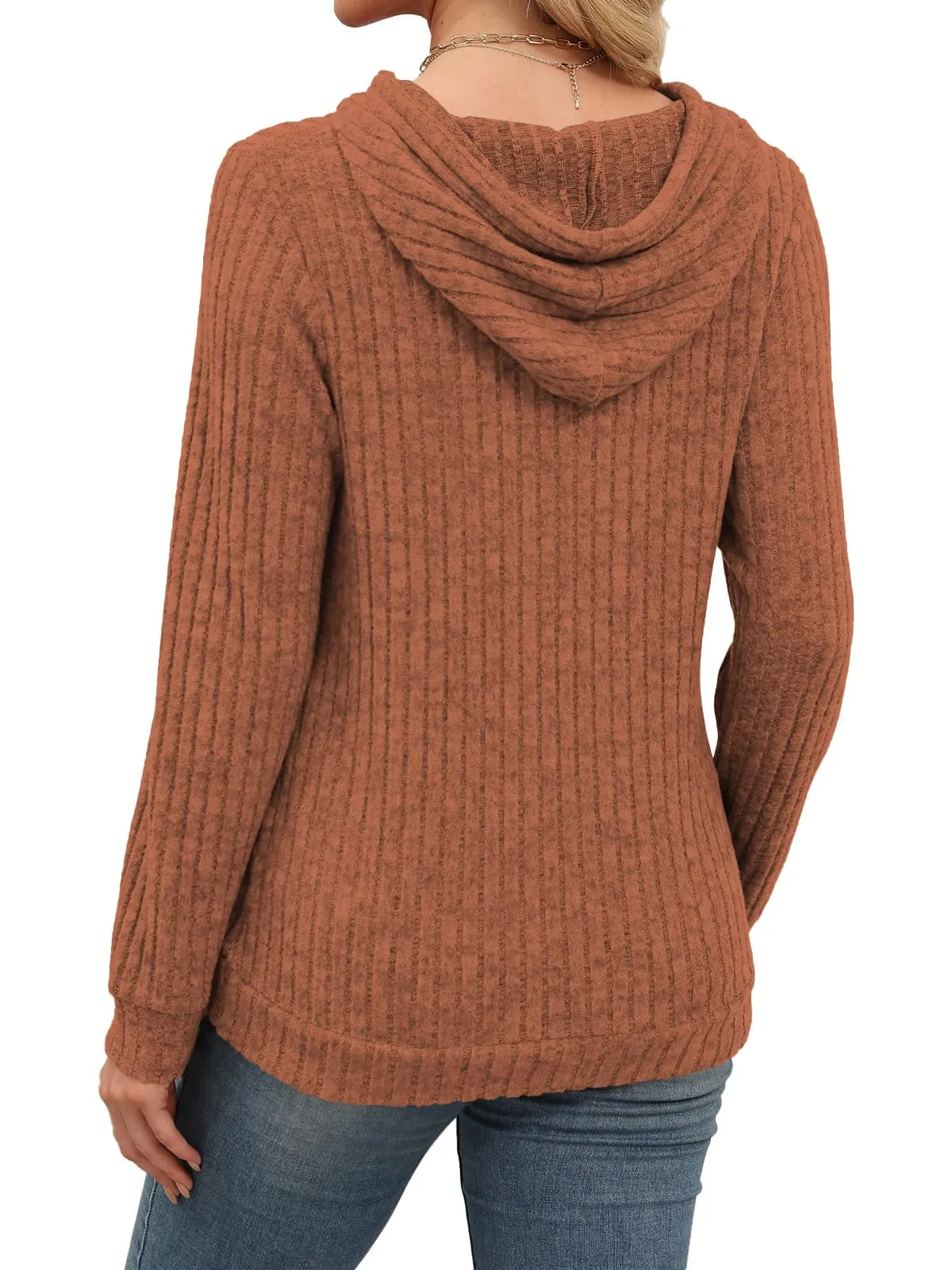 DUOEASE Maglia Donna con Tasche Autunno Invernale Felpe con Cappuccio Casual Maglia Donna Manica Lunga(Caramello S) - immagine 4