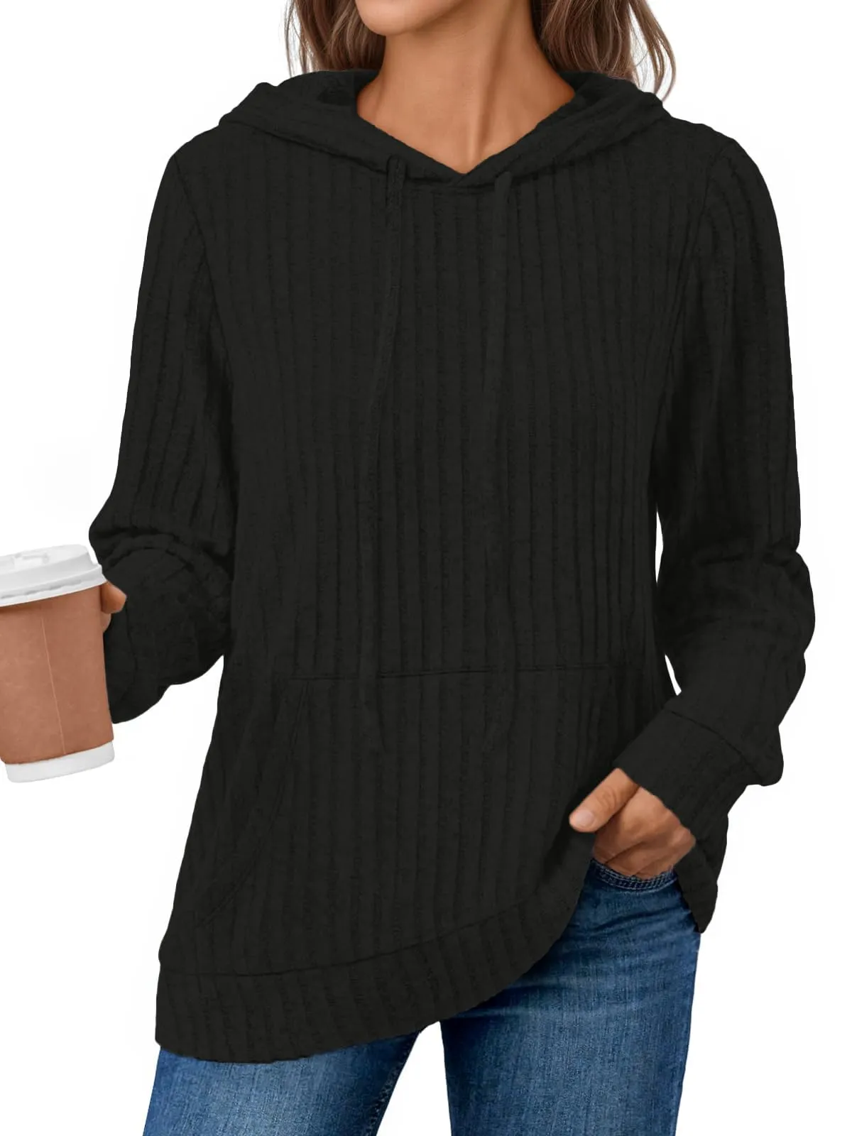 DUOEASE Maglia Donna Manica Lunga Elegant con Cappuccio Casual Felpe Donna Autunno Invernale Top(Nero XL) - immagine 2
