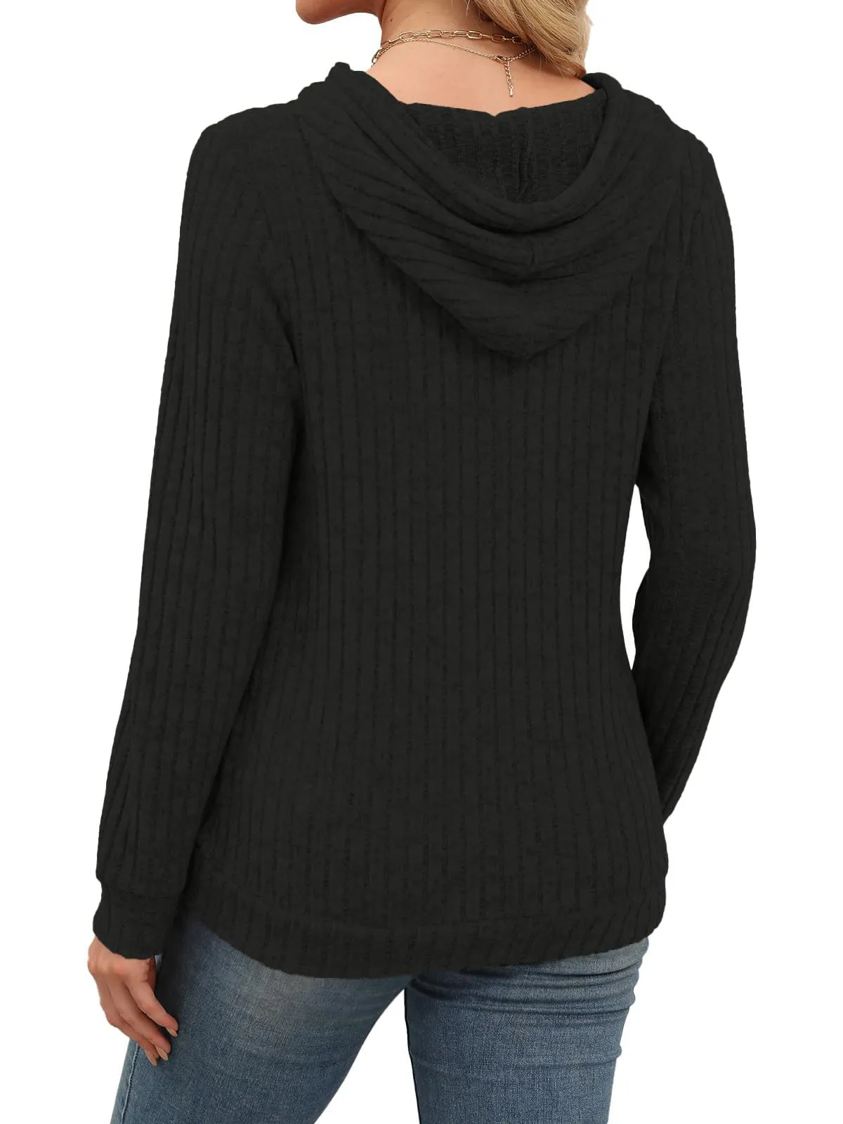 DUOEASE Maglia Donna Manica Lunga Elegant con Cappuccio Casual Felpe Donna Autunno Invernale Top(Nero L) - immagine 4