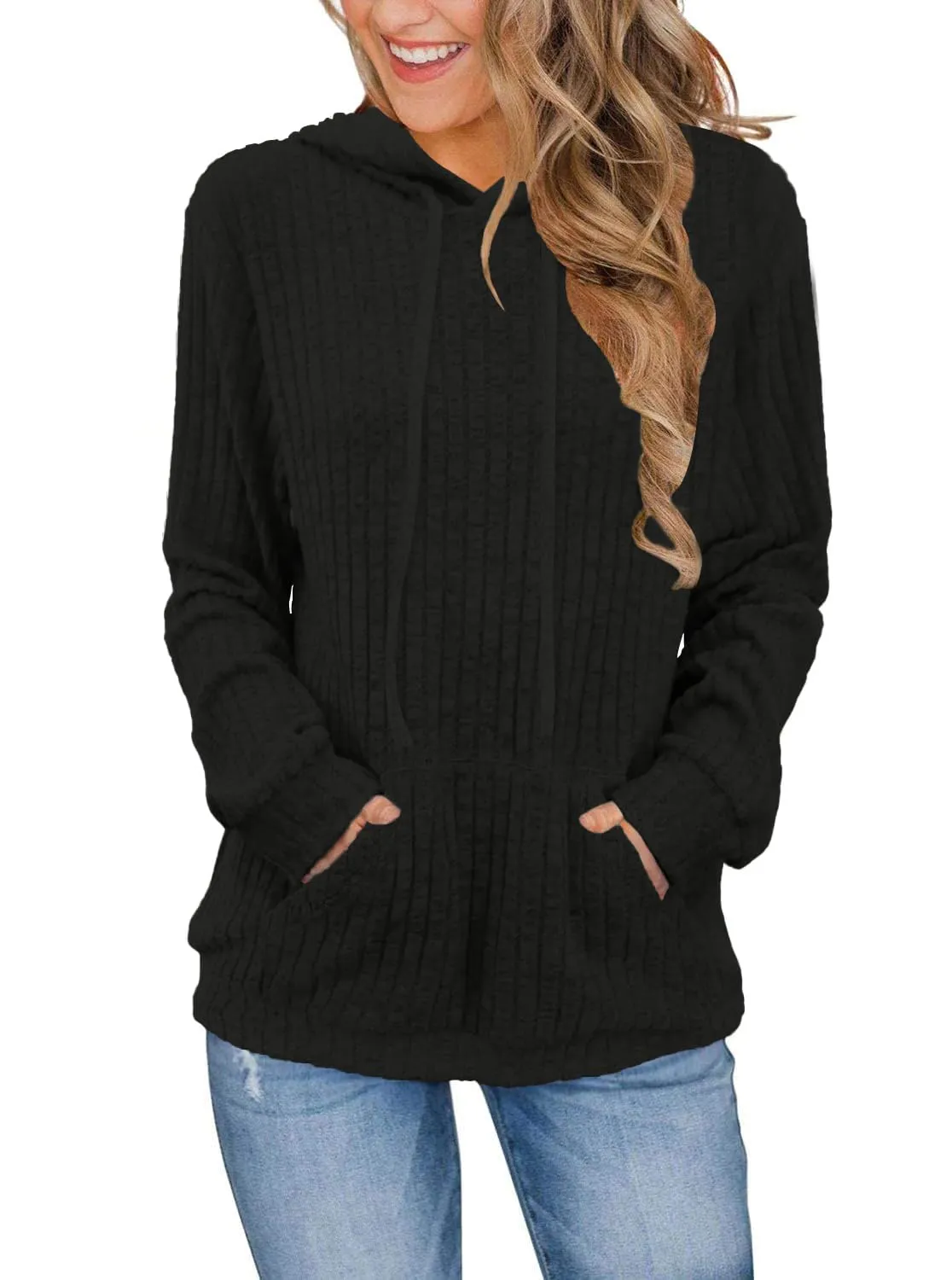 DUOEASE Maglia Donna con Tasche Autunno Invernale Felpe con Cappuccio Casual Maglia Donna Manica Lunga(Nero 2XL) - immagine 1