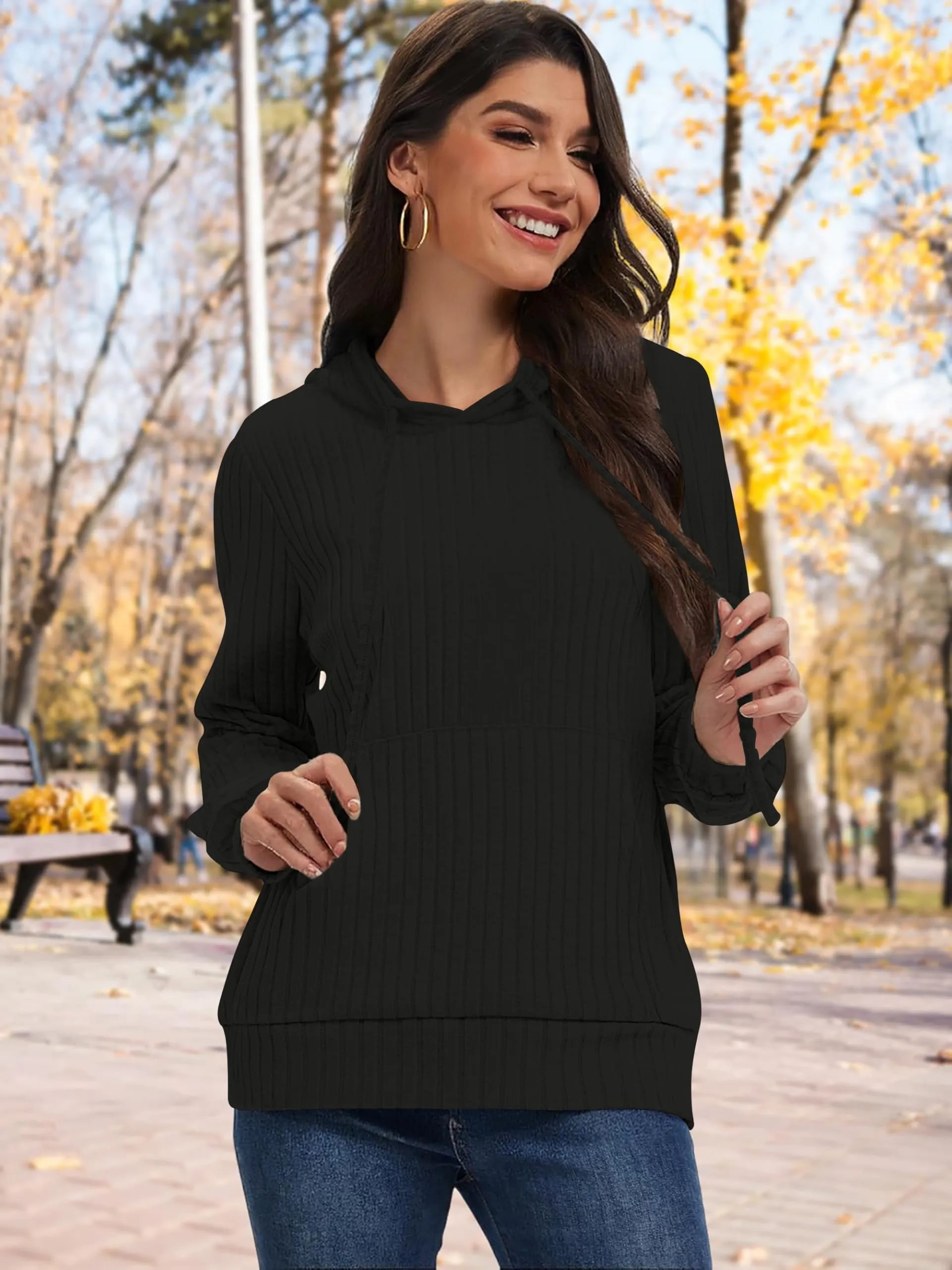 DUOEASE Maglia Donna con Tasche Autunno Invernale Felpe con Cappuccio Casual Maglia Donna Manica Lunga(Nero 2XL) - immagine 3