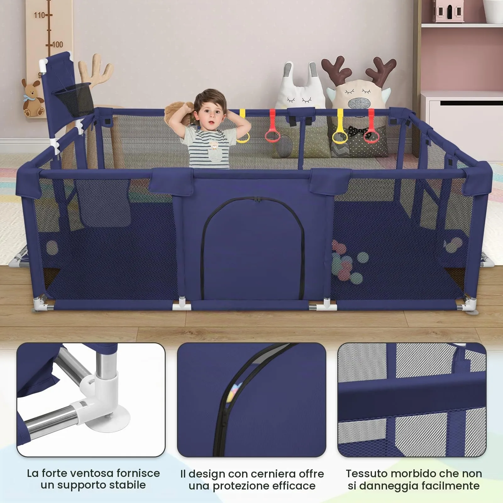 Parco per cuccioli con porta, parco per cuccioli o cani piccoli, recinzione solida in tessuto spesso e rete in nylon ad alta resistenza, lavabile in lavatrice, interno/esterno, 180 x 120 x 66 cm, blu - immagine 4