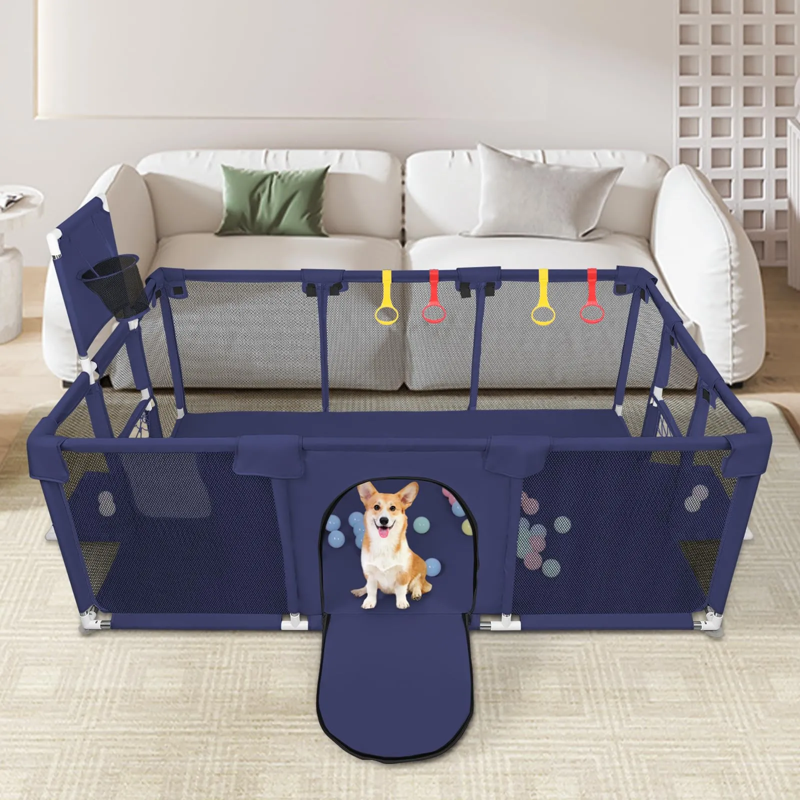 Parco per cuccioli con porta, parco per cuccioli o cani piccoli, recinzione solida in tessuto spesso e rete in nylon ad alta resistenza, lavabile in lavatrice, interno/esterno, 180 x 120 x 66 cm, blu - immagine 5