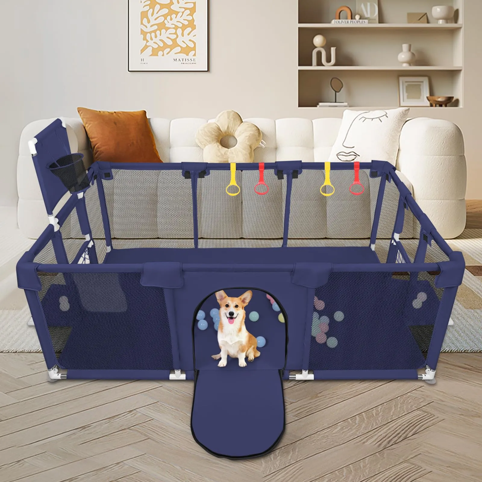 Parco per cuccioli con porta, parco per cuccioli o cani piccoli, recinzione solida in tessuto spesso e rete in nylon ad alta resistenza, lavabile in lavatrice, interno/esterno, 180 x 120 x 66 cm, blu - immagine 6