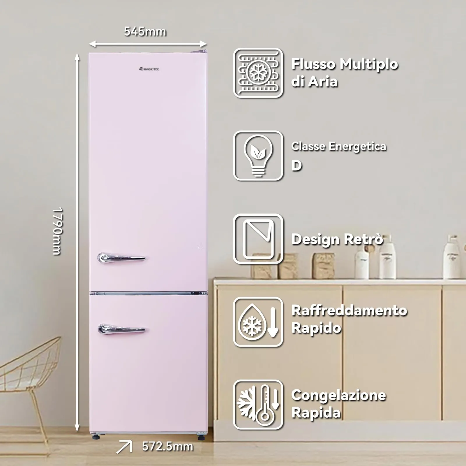 magictec Frigorifero in stile retrò con congelatore | 179 cm | 236 litri (168 l/68 l) | Total No Frost | Combinazione frigorifero-congelatore | Comandi elettronici | Allarme porta | Rosa - immagine 2