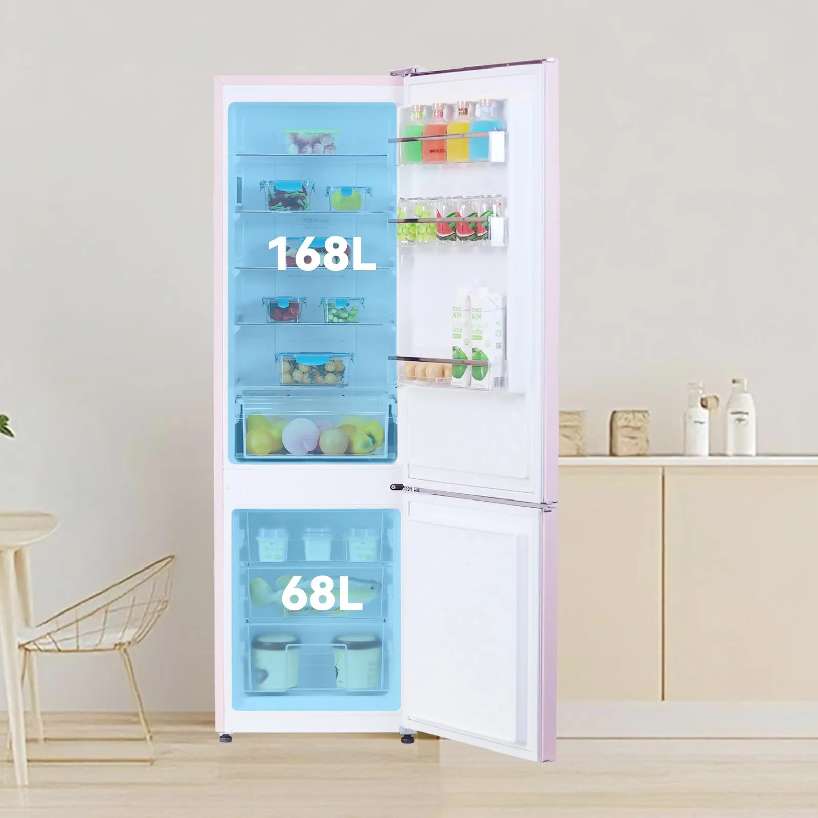 magictec Frigorifero in stile retrò con congelatore | 179 cm | 236 litri (168 l/68 l) | Total No Frost | Combinazione frigorifero-congelatore | Comandi elettronici | Allarme porta | Rosa - immagine 4