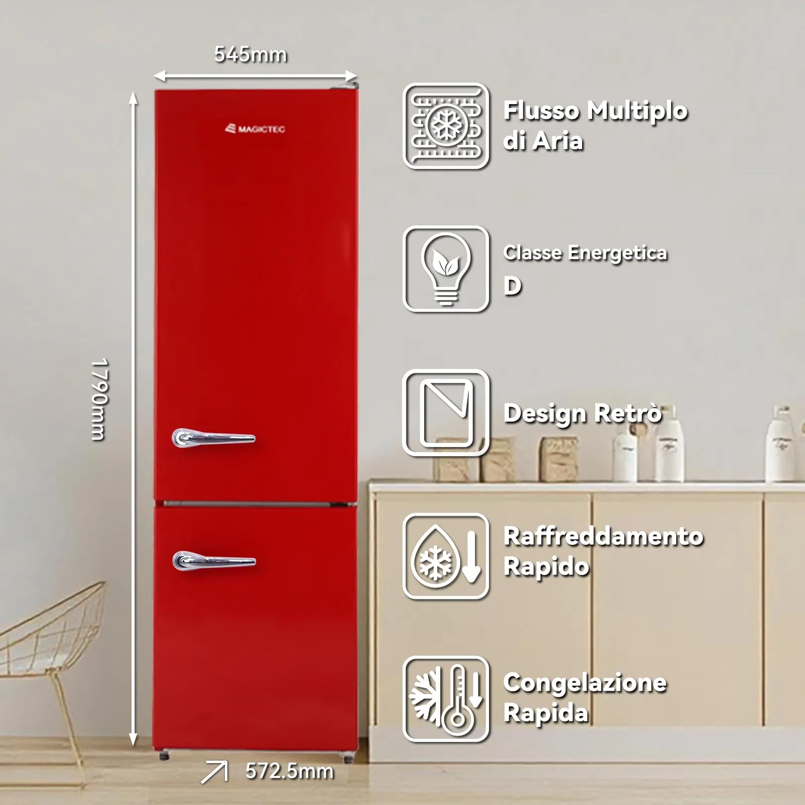 magictec Frigorifero in stile retrò con congelatore | 179 cm | 236 litri (168 l/68 l) | Total No Frost | Combinazione frigorifero-congelatore | Comandi elettronici | Allarme porta | Rosso - immagine 3