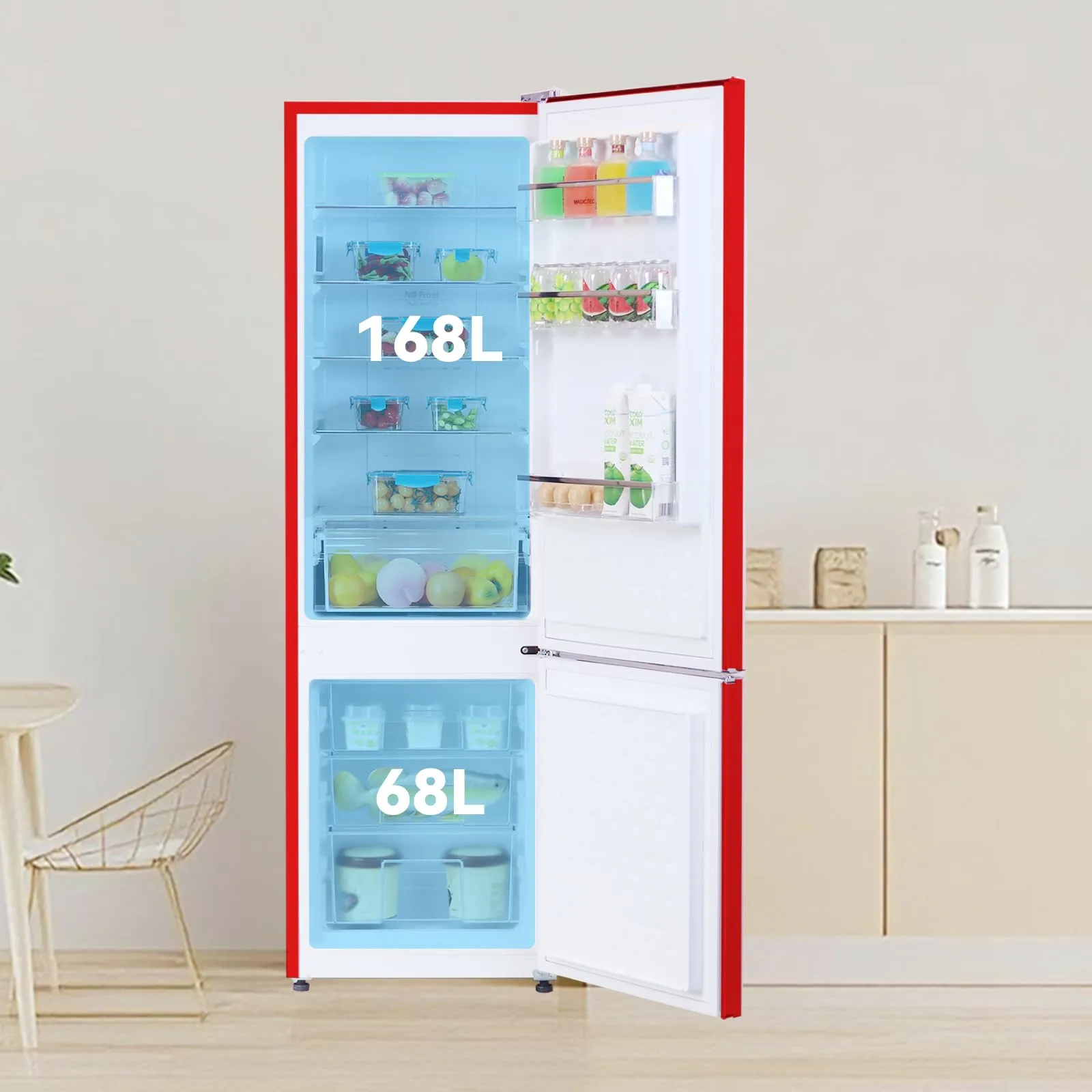 magictec Frigorifero in stile retrò con congelatore | 179 cm | 236 litri (168 l/68 l) | Total No Frost | Combinazione frigorifero-congelatore | Comandi elettronici | Allarme porta | Rosso - immagine 4