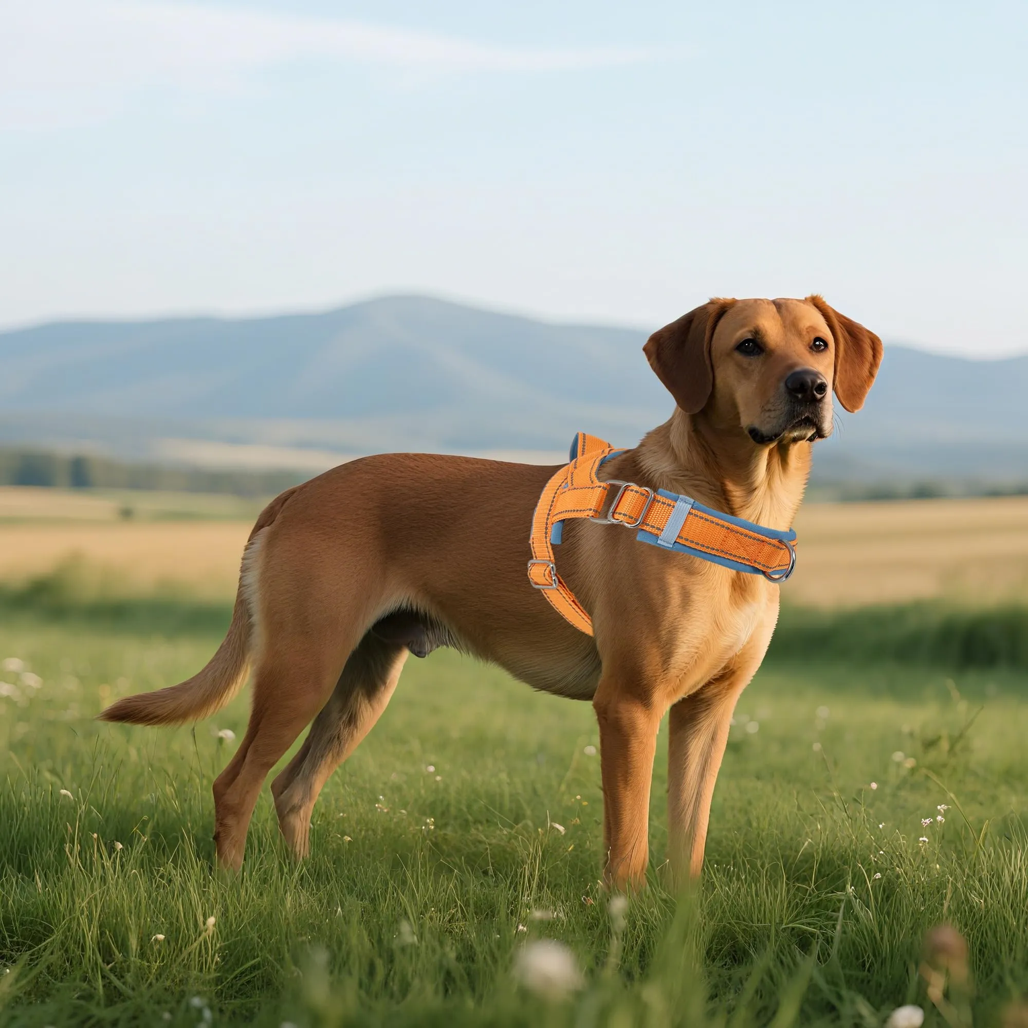 AIITLE Pettorina tattica anti-fuga migliorata per cani, regolabile su collo e petto, anti-tiro con impugnatura morbida imbottita, facile da usare per cani di grossa taglia Arancione-Blu L - immagine 3