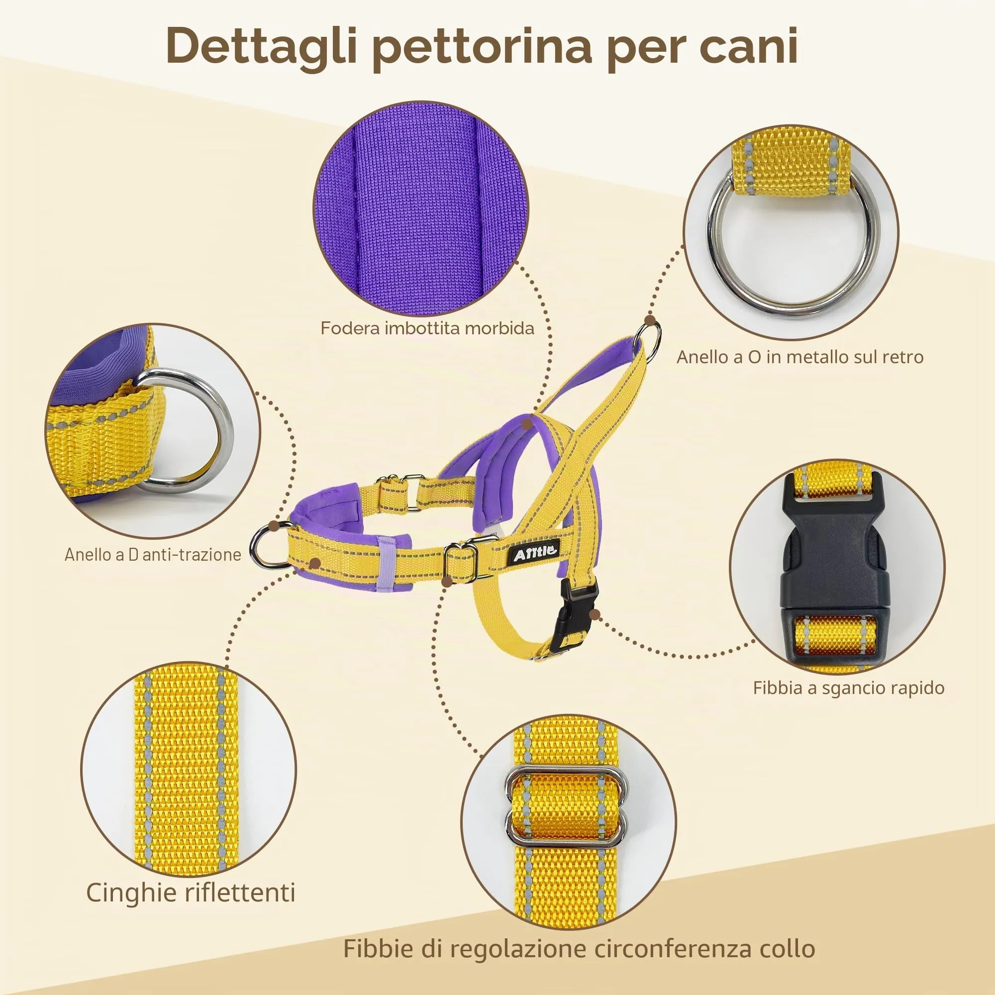 AIITLE Pettorina anti-tiro migliorata con impugnatura morbida imbottita, imbracatura per cuccioli con strisce riflettenti, per cani di piccola taglia Giallo-Viola XXS - immagine 8