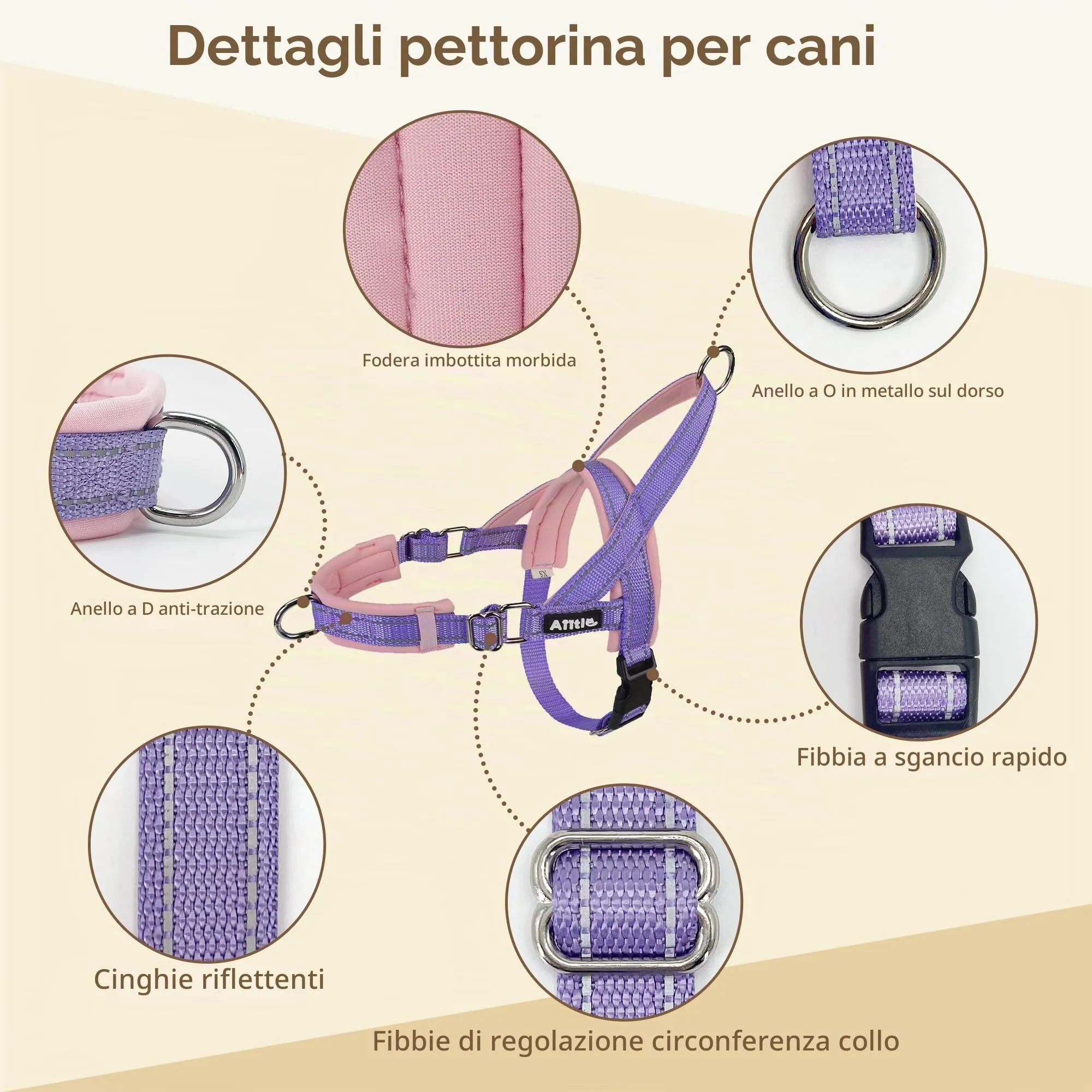 AIITLE Pettorina tattica anti-fuga migliorata per cani, regolabile su collo e petto, anti-tiro con impugnatura morbida imbottita, facile da addestrare per cani di taglia extra large Viola-Rosa XL - immagine 2