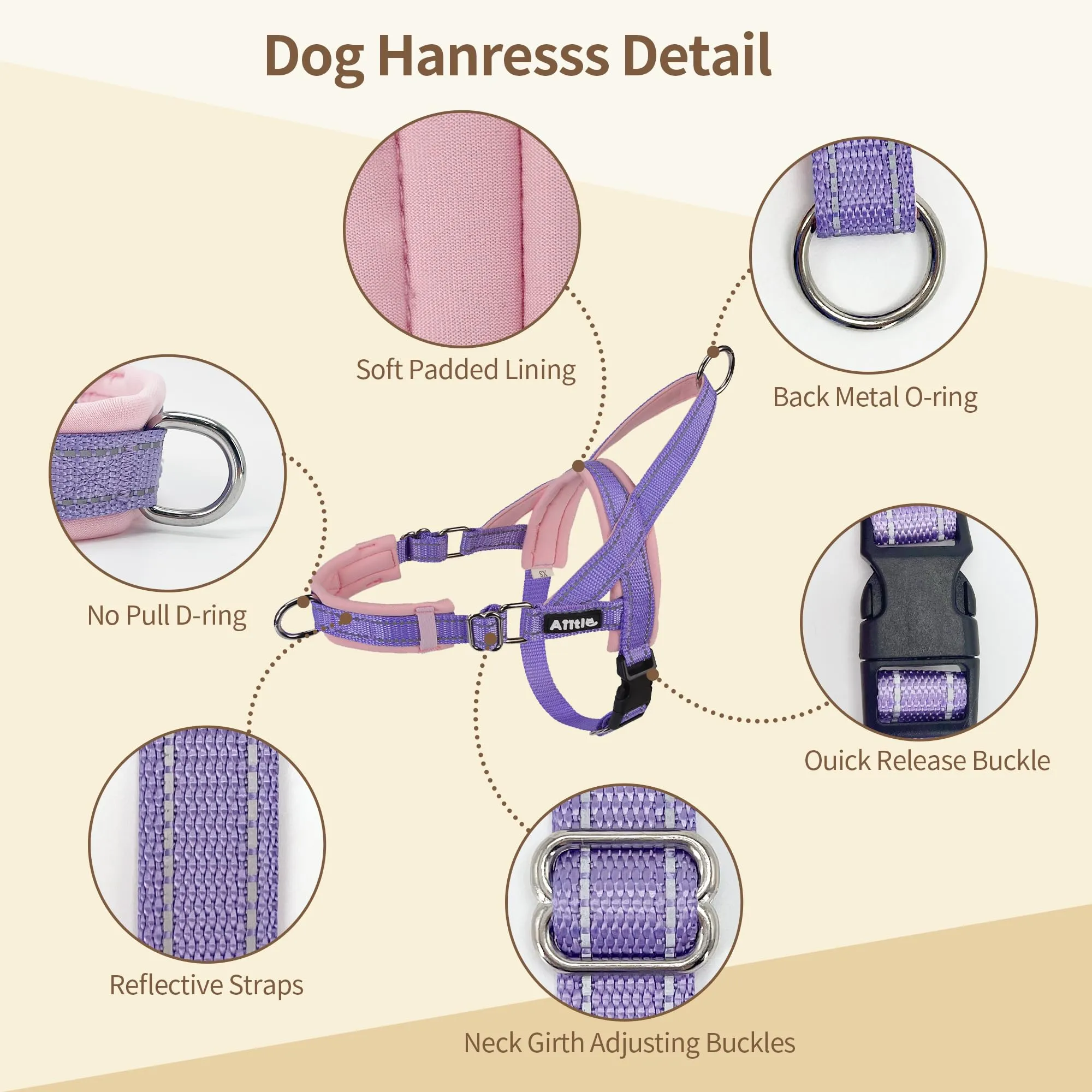 AIITLE Pettorina anti-tiro migliorata con impugnatura morbida imbottita, imbracatura per cuccioli con strisce riflettenti, per cani di piccola taglia Viola-Rosa XXS - immagine 8