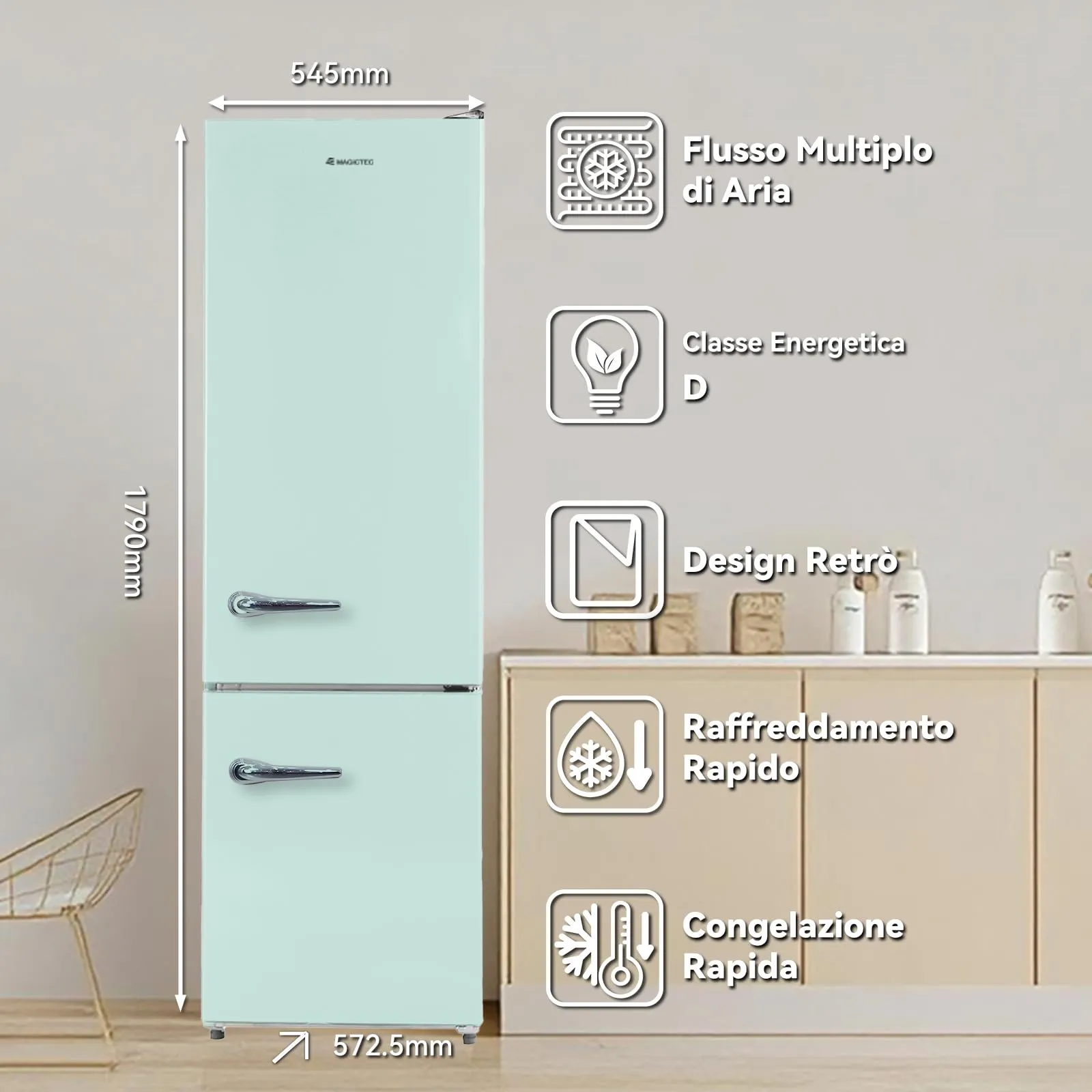 magictec Frigorifero in stile retrò con congelatore | 179 cm | 236 litri (168 l/68 l) | Total No Frost | Combinazione frigorifero-congelatore | Comandi elettronici | Allarme porta | Verde matcha - immagine 3