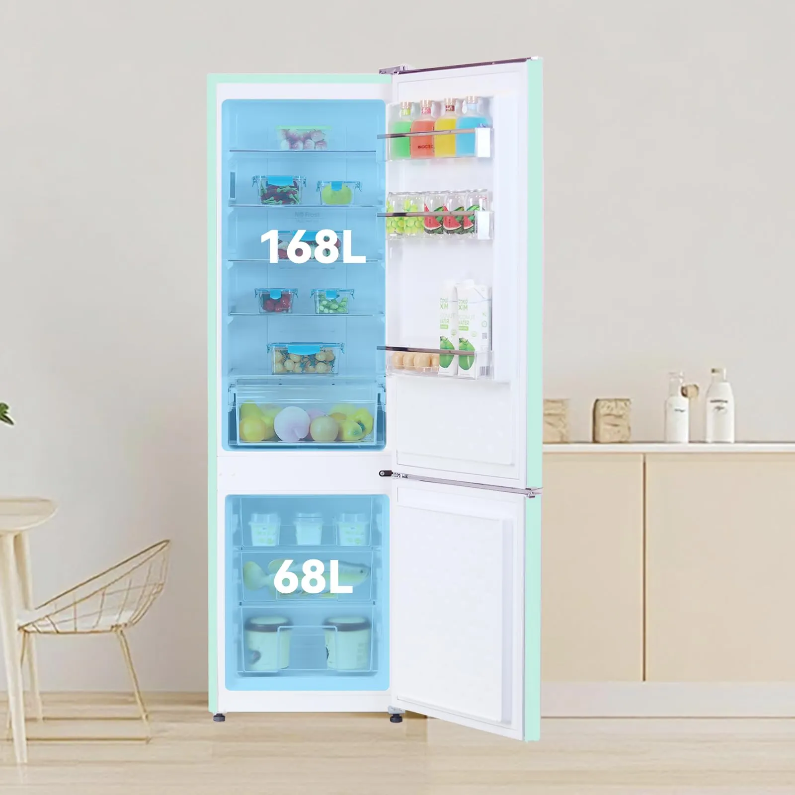 magictec Frigorifero in stile retrò con congelatore | 179 cm | 236 litri (168 l/68 l) | Total No Frost | Combinazione frigorifero-congelatore | Comandi elettronici | Allarme porta | Verde matcha - immagine 4