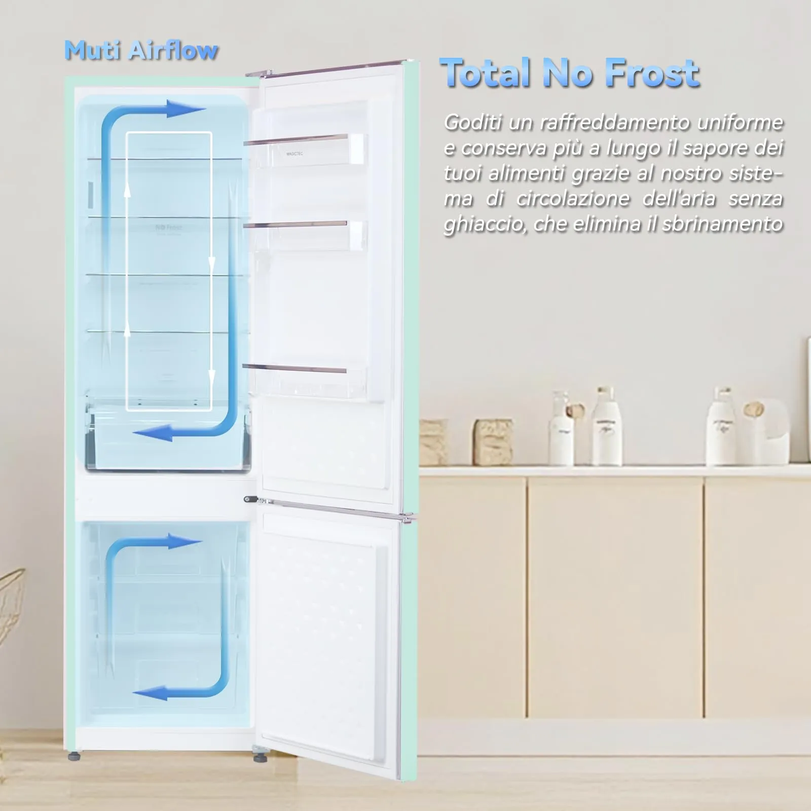 magictec Frigorifero in stile retrò con congelatore | 179 cm | 236 litri (168 l/68 l) | Total No Frost | Combinazione frigorifero-congelatore | Comandi elettronici | Allarme porta | Verde matcha - immagine 7