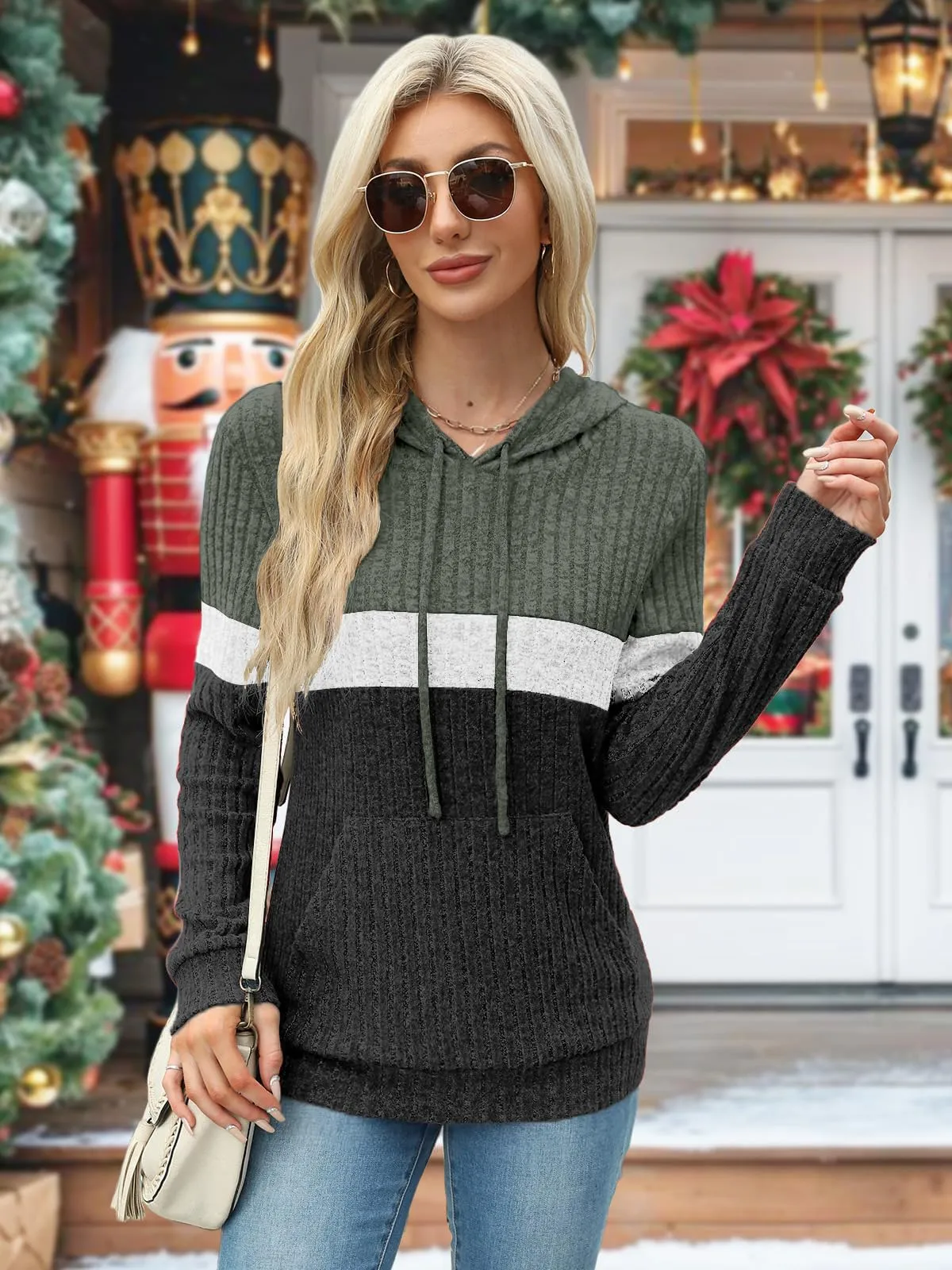 DUOEASE Maglia Donna Manica Lunga Elegant con Cappuccio Casual Felpe Donna Autunno Invernale Top（Verde-Bianco-Grigio L） - immagine 3