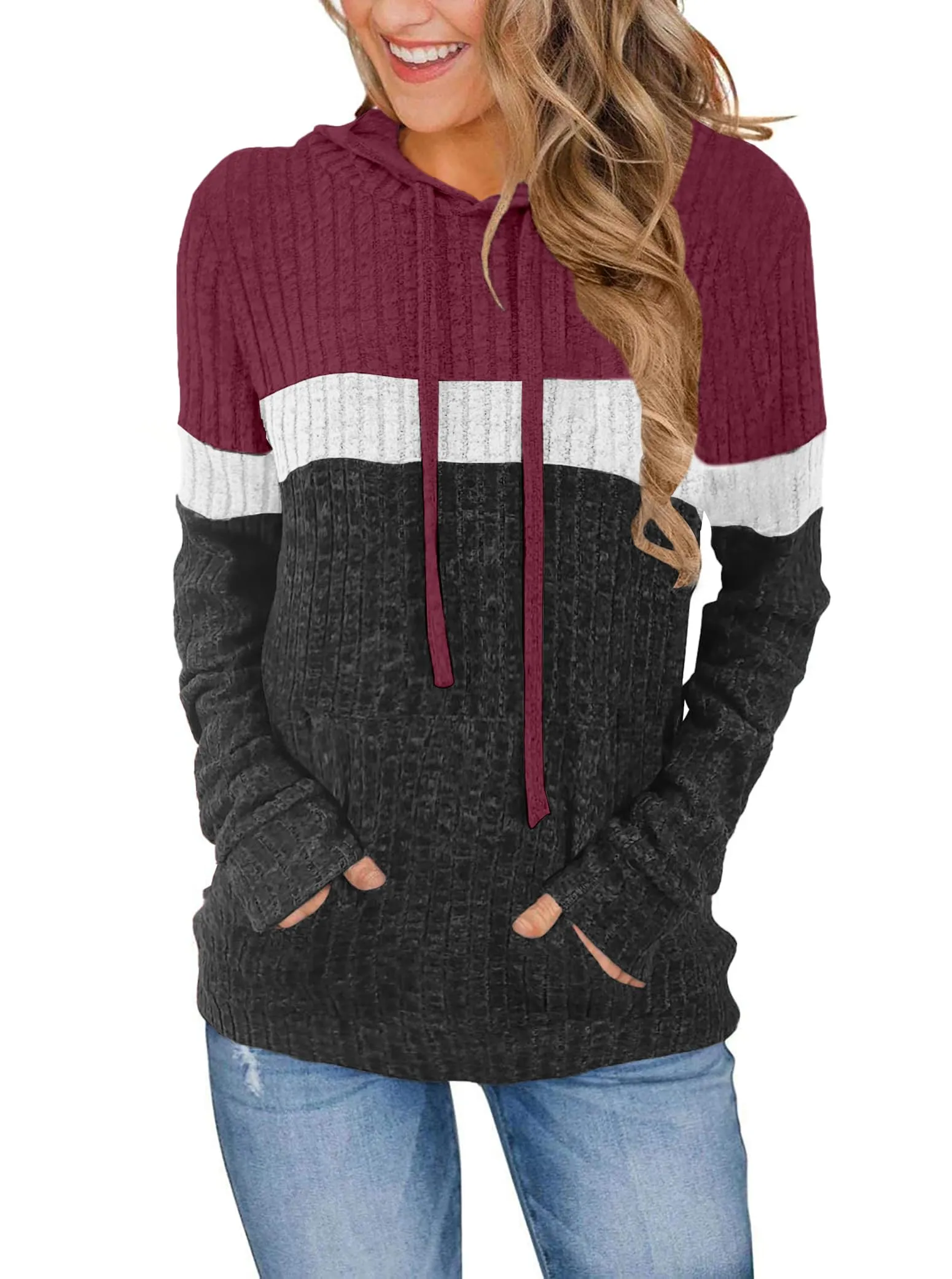 DUOEASE Maglia Donna Manica Lunga Elegant con Cappuccio Casual Felpe Donna Autunno Invernale Top(Rosso-Bianco-Grigio XL) - immagine 1