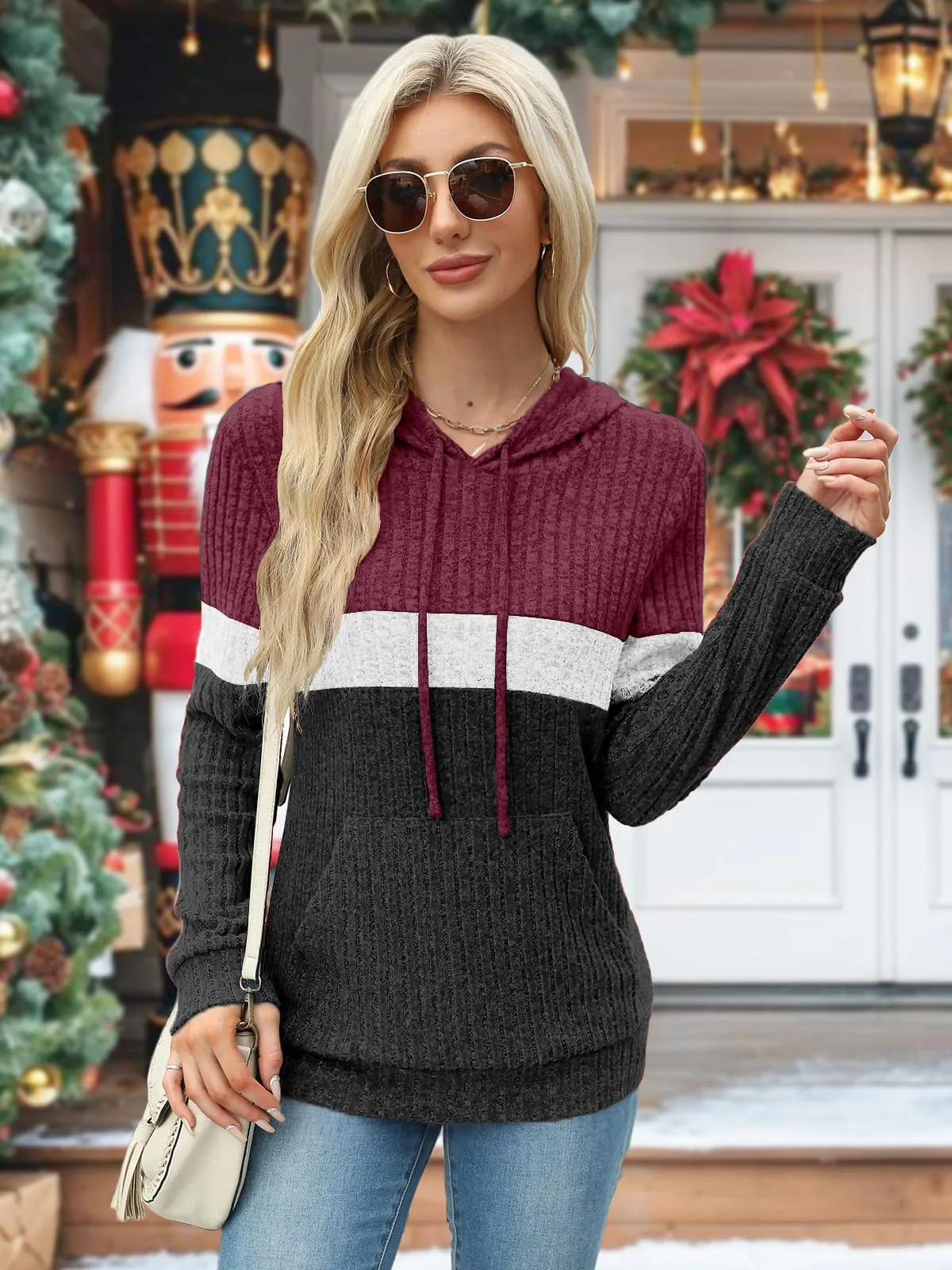 DUOEASE Maglia Donna Manica Lunga Elegant con Cappuccio Casual Felpe Donna Autunno Invernale Top(Rosso-Bianco-Grigio XL) - immagine 3