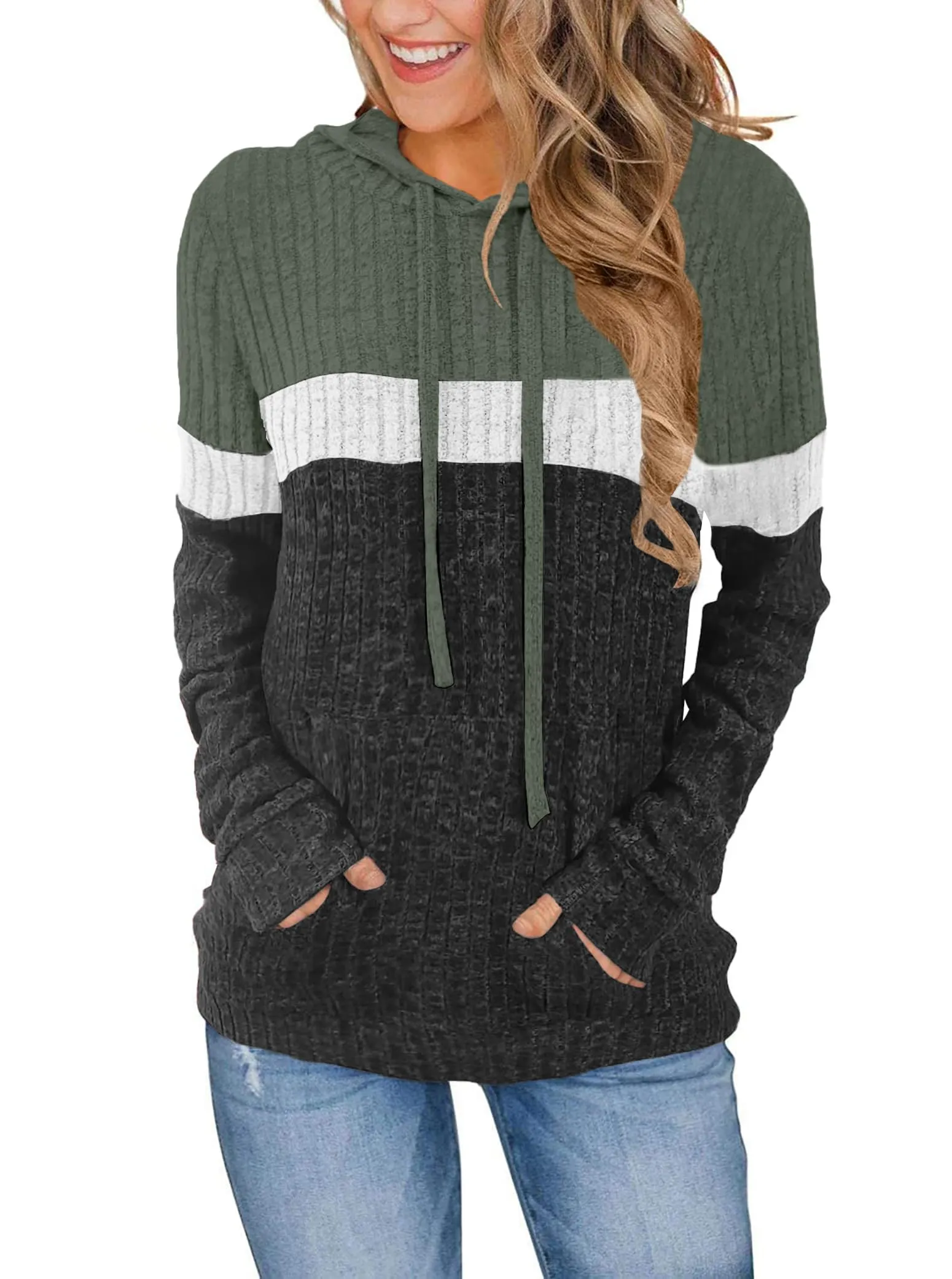 DUOEASE Maglia Donna Manica Lunga Elegant con Cappuccio Casual Felpe Donna Autunno Invernale Top(Verde-Bianco-Grigio XL) - immagine 1