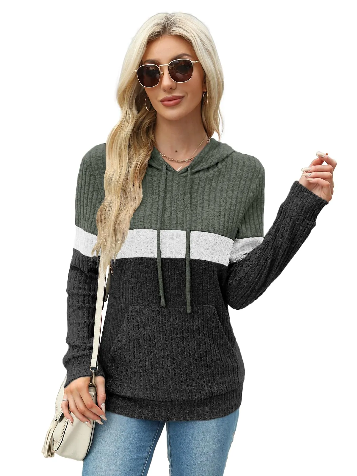 DUOEASE Maglia Donna Manica Lunga Elegant con Cappuccio Casual Felpe Donna Autunno Invernale Top(Verde-Bianco-Grigio XL) - immagine 2