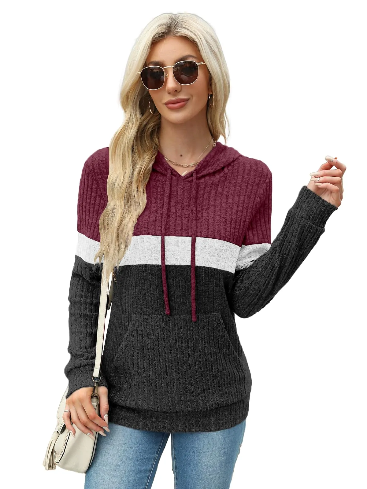 DUOEASE Maglia Donna con Tasche Autunno Invernale Felpe con Cappuccio Casual Maglia Donna Manica Lunga（Rosso-Bianco-Grigio 2XL） - immagine 2
