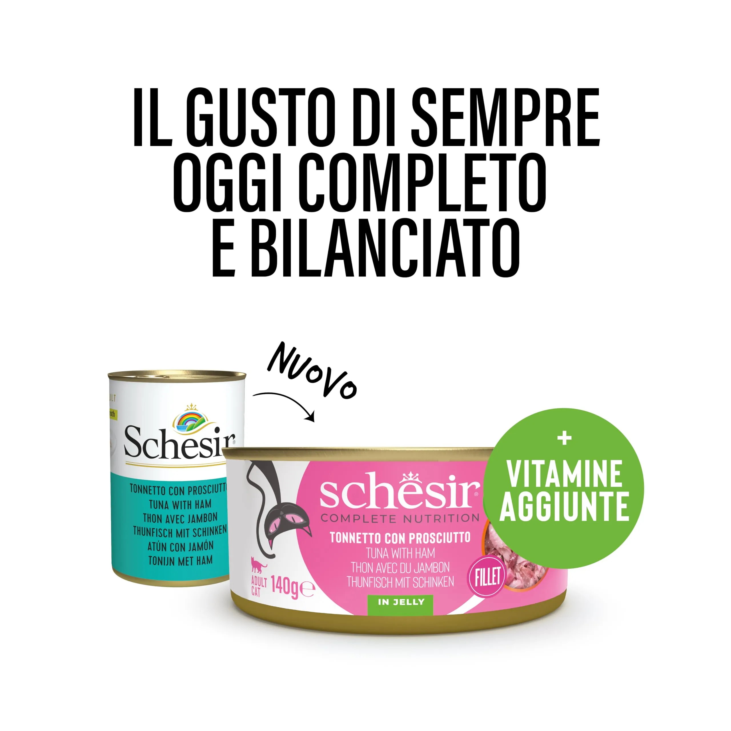 Schesir, Tonno con Prosciutto in Gelatina, Cibo Umido Completo per Gatti, Con Vitamine Aggiunte, 100% Naturale, Cruelty-Free, 8 x 140g - immagine 2