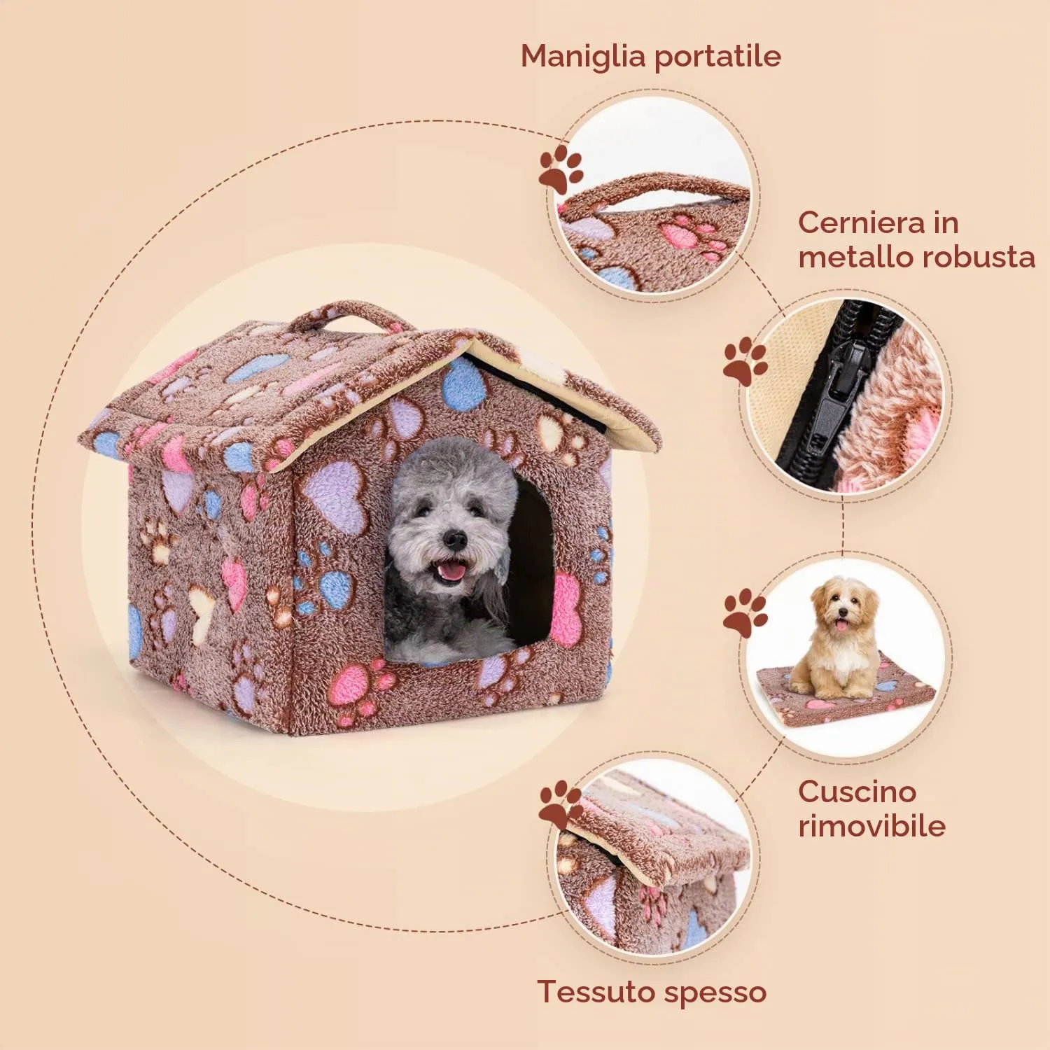 Nobleza Casetta per cani, Cozy Cuccia per Gatti e Cani Tetto asportabile Pieghevole Cuccia Gatto Chiusa Interno con materasso rimovibile 53x50x43cm L, Morbido Caldo e Lavabile Marrone - immagine 3