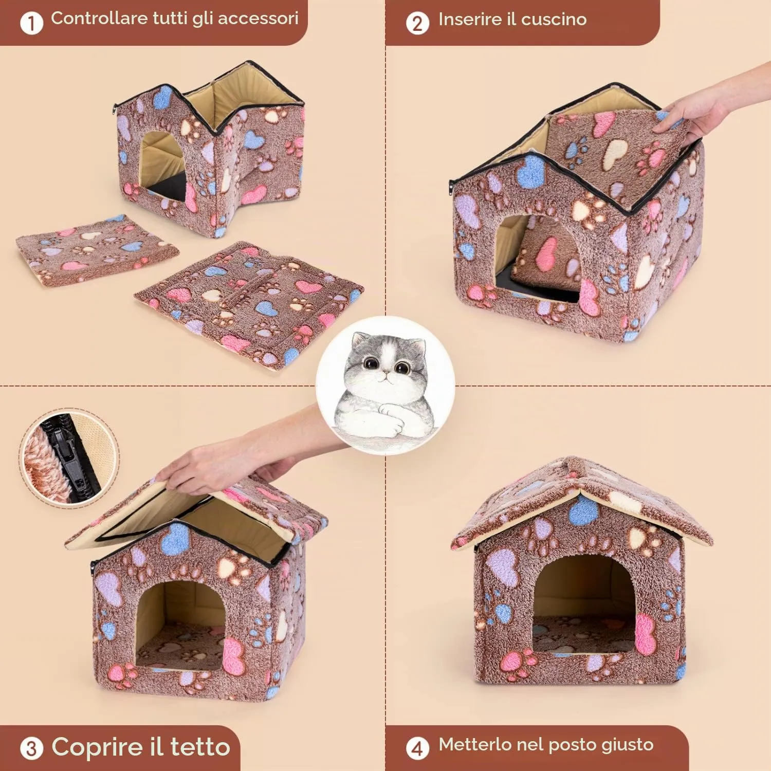 Nobleza Casetta per cani, Cozy Cuccia per Gatti e Cani Tetto asportabile Pieghevole Cuccia Gatto Chiusa Interno con materasso rimovibile 53x50x43cm L, Morbido Caldo e Lavabile Marrone - immagine 6