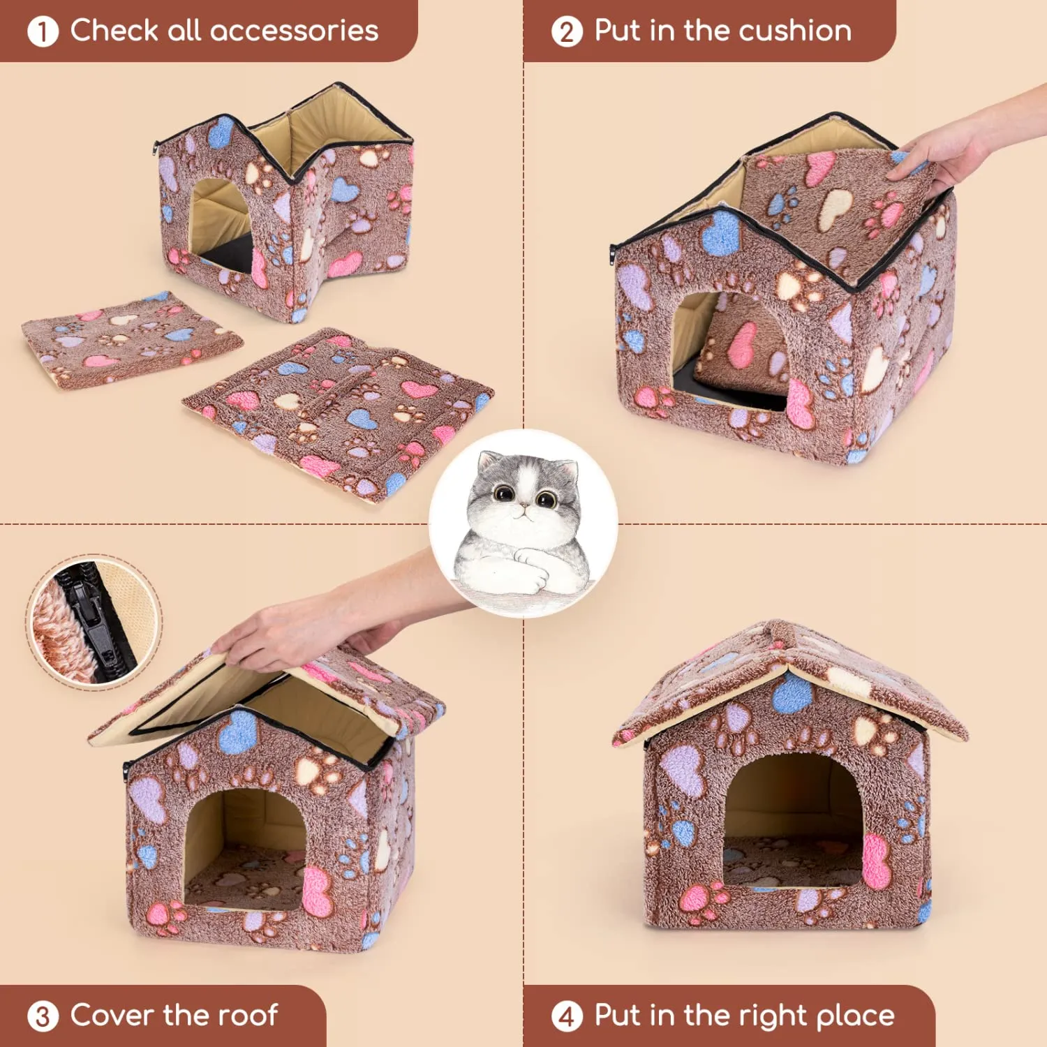 Nobleza Cuccia Gatto Chiusa Interno 42 x 39 x 33 cm - Letto Gatto Nicchia, Cuccia Igloo per Gatti, Cani Piccoli e Cucciolo, Conigli, Morbido Caldo e Lavabile Marrone - immagine 6