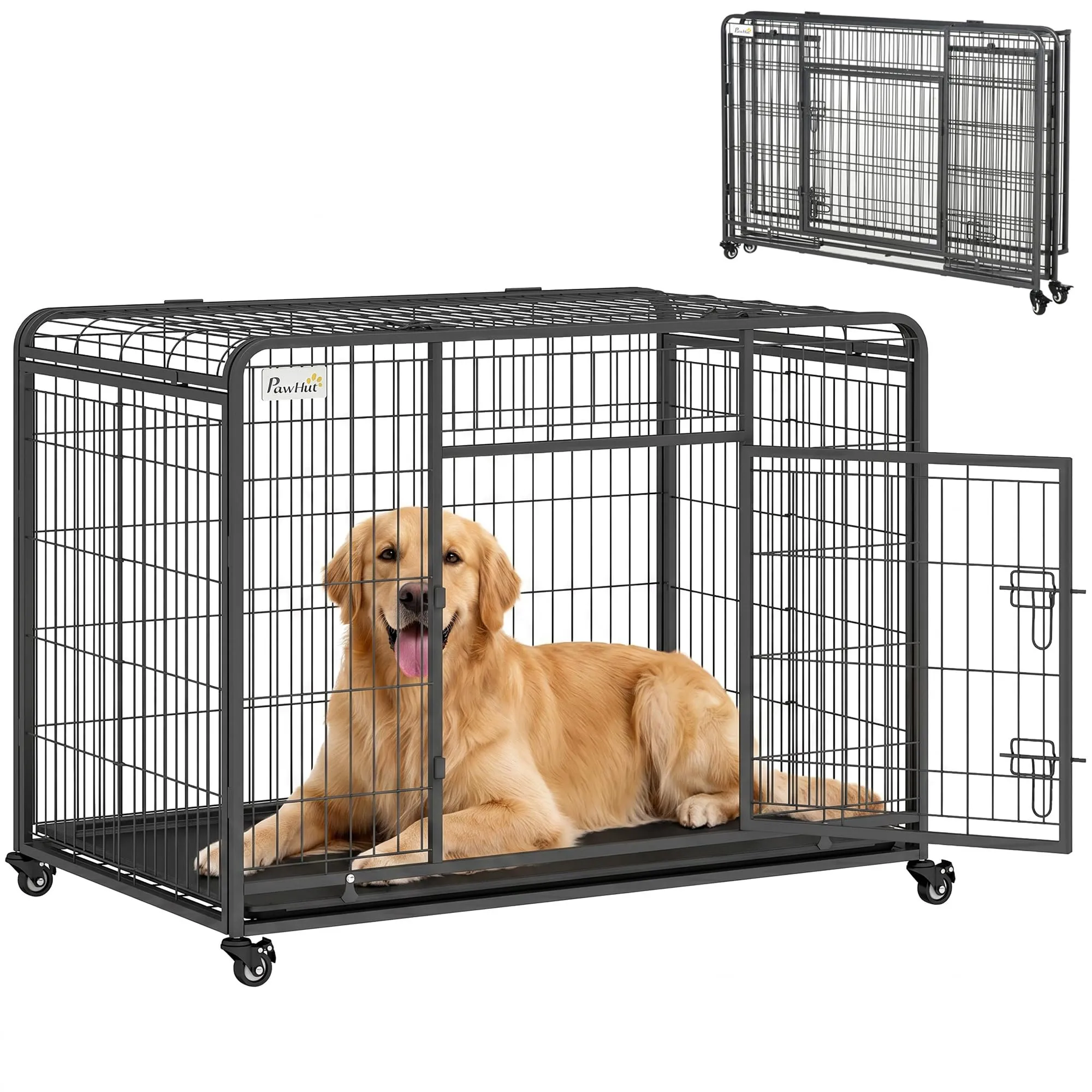 PawHut Kennel Gabbia per Cani Pieghevole, 109.5x71x78cm, Grigio Scuro - immagine 1